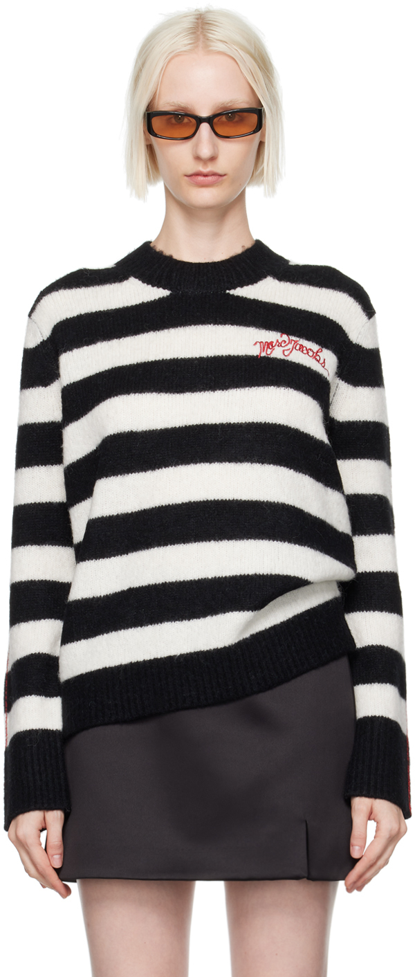 Shop Marc Jacobs Black & White 'the Striped Brushed Logo' Sweater In 005 Black/white