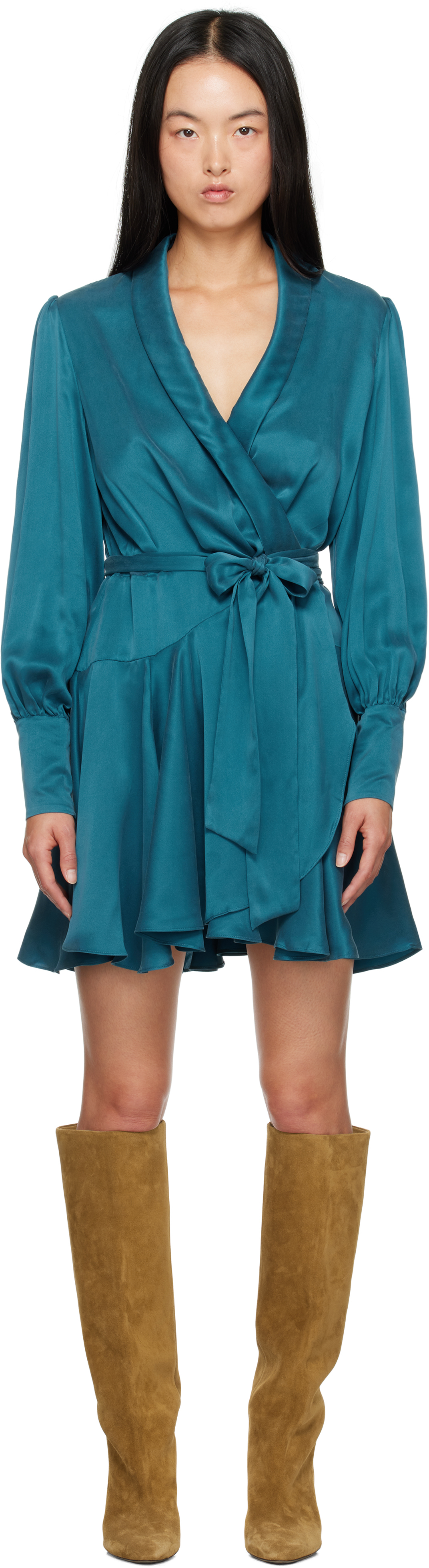 Shop Zimmermann Blue Silk Wrap Minidress In Teal Teal