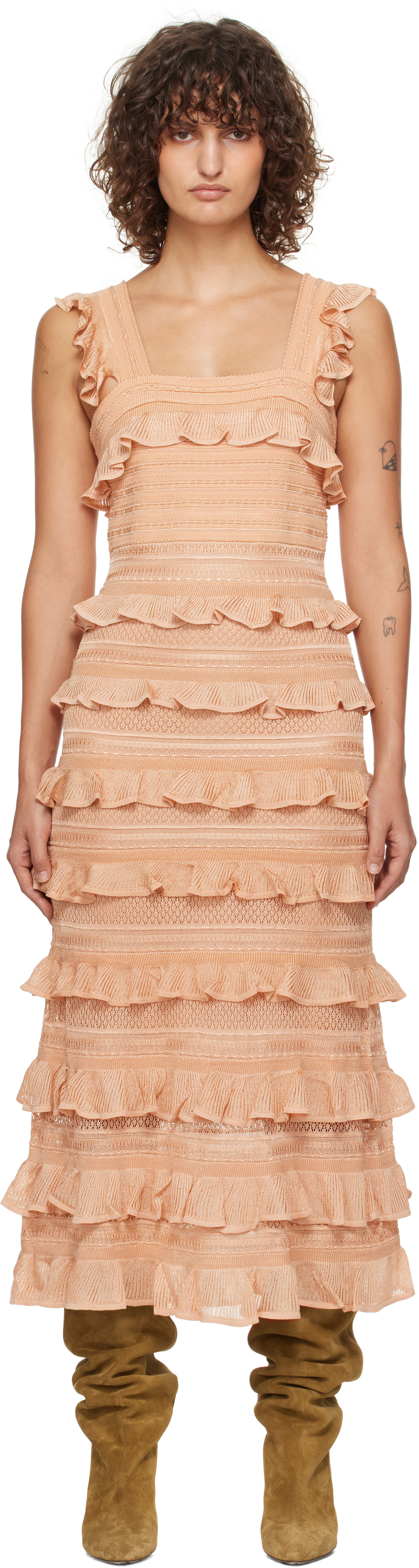 Shop Zimmermann Pink Illustration Frilled Midi Dress In Chp Champagne