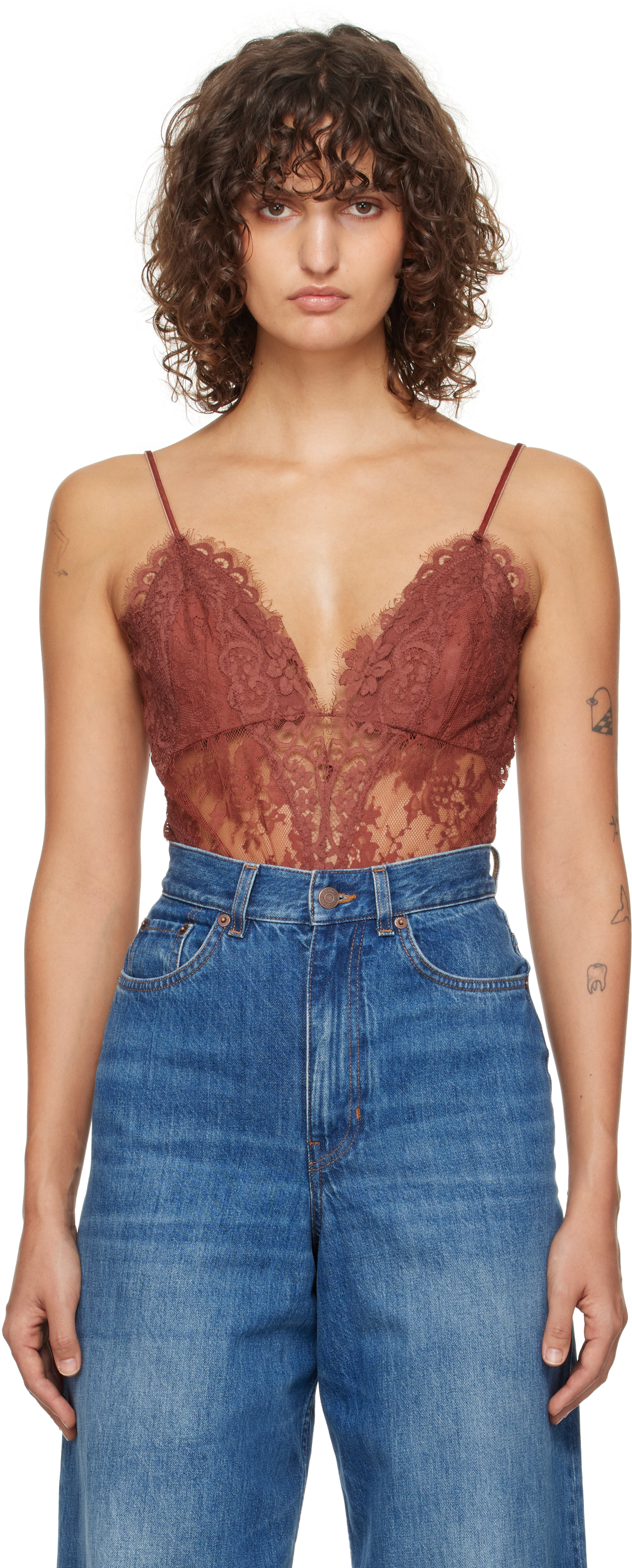 Zimmermann Illustration Semi-sheer Lace Bodysuit In Che Chestnut