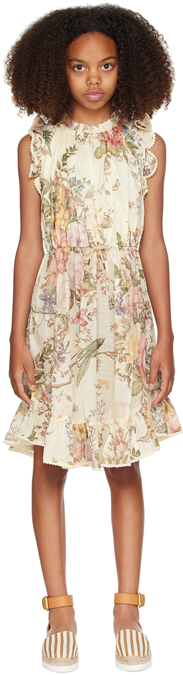 Shop Zimmermann Kids Off-white Waverly Flip Dress In Cream Floral Crf