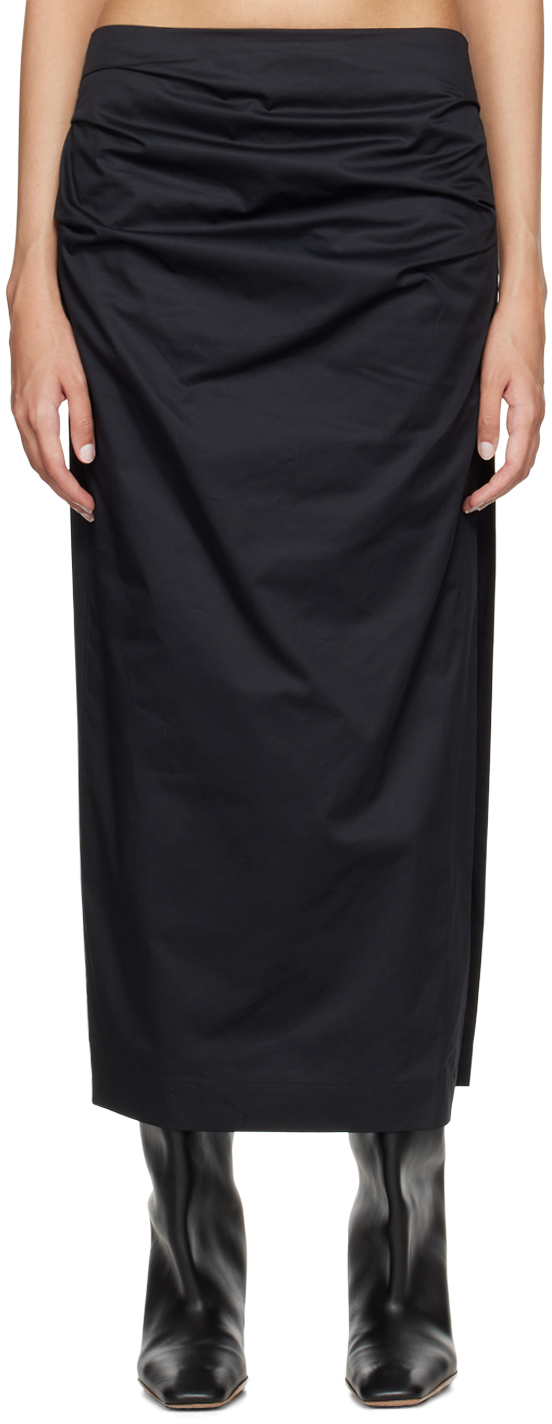 Black Cotton Tuck Midi Skirt