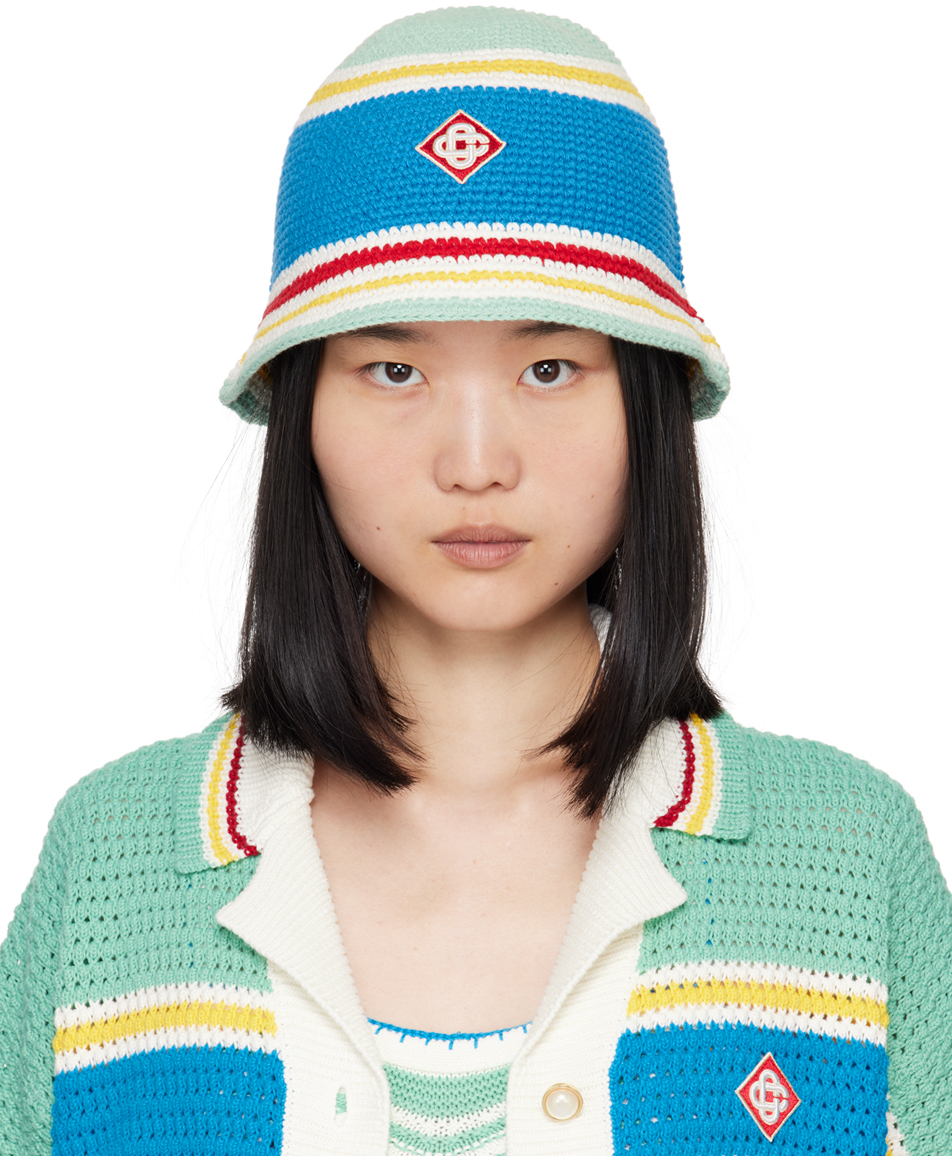 Shop Casablanca Multicolor Stripe Crochet Bucket Hat In Blue Multi