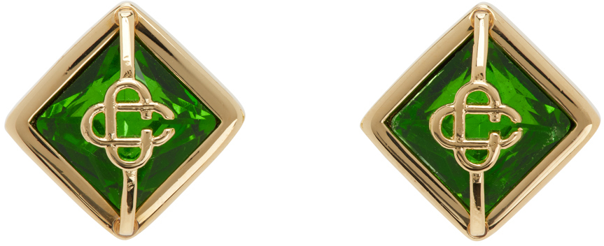 Shop Casablanca ゴールド＆グリーン クリスタル モノグラム ピアス In Gold/ Green