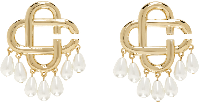 Casablanca Gold & White Pearl Drop Logo Earrings
