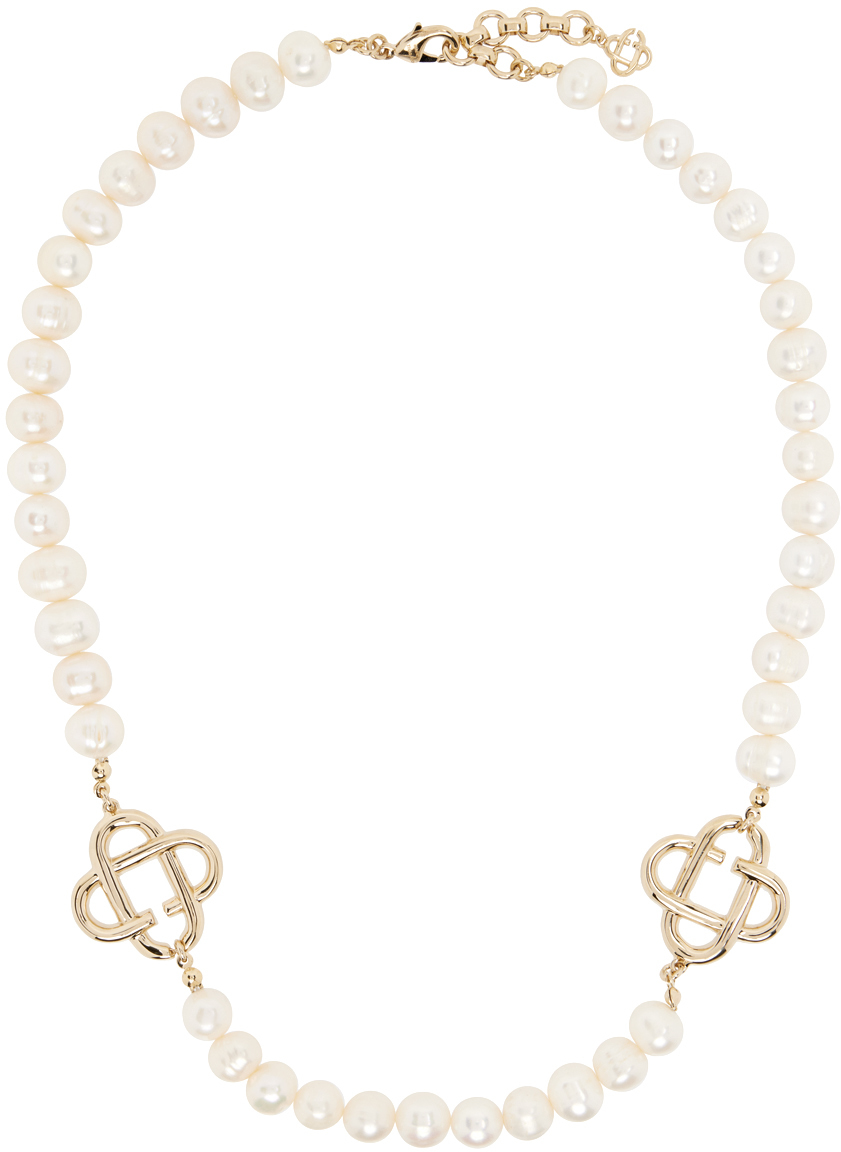 Shop Casablanca White & Gold Medium Pearl Logo Necklace In Gold / Pearl