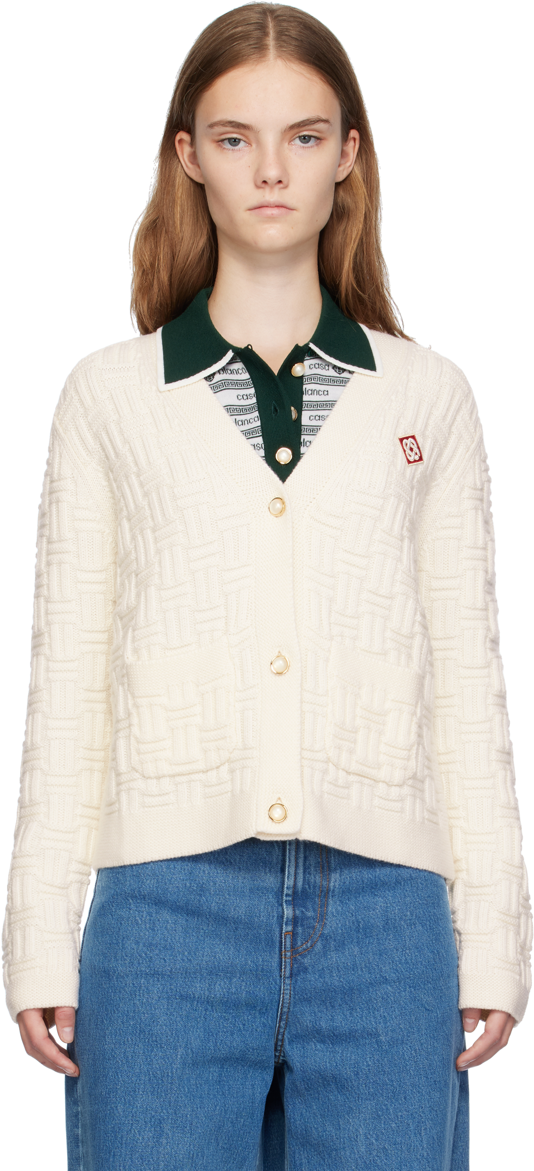 Shop Casablanca Off-white Column Knit Cardigan