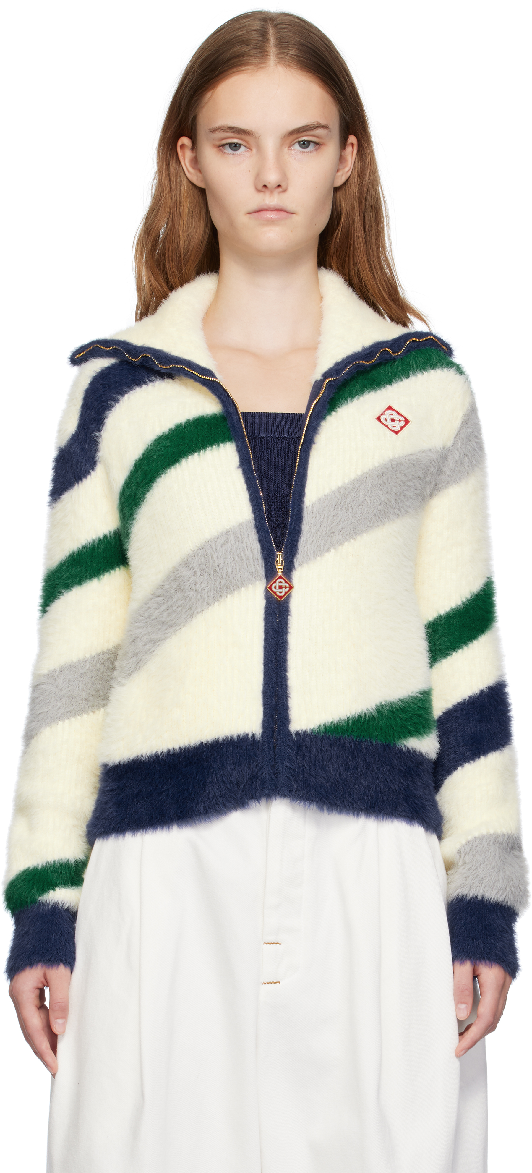 Off-White Striped Fluffy Zip Up Jacket