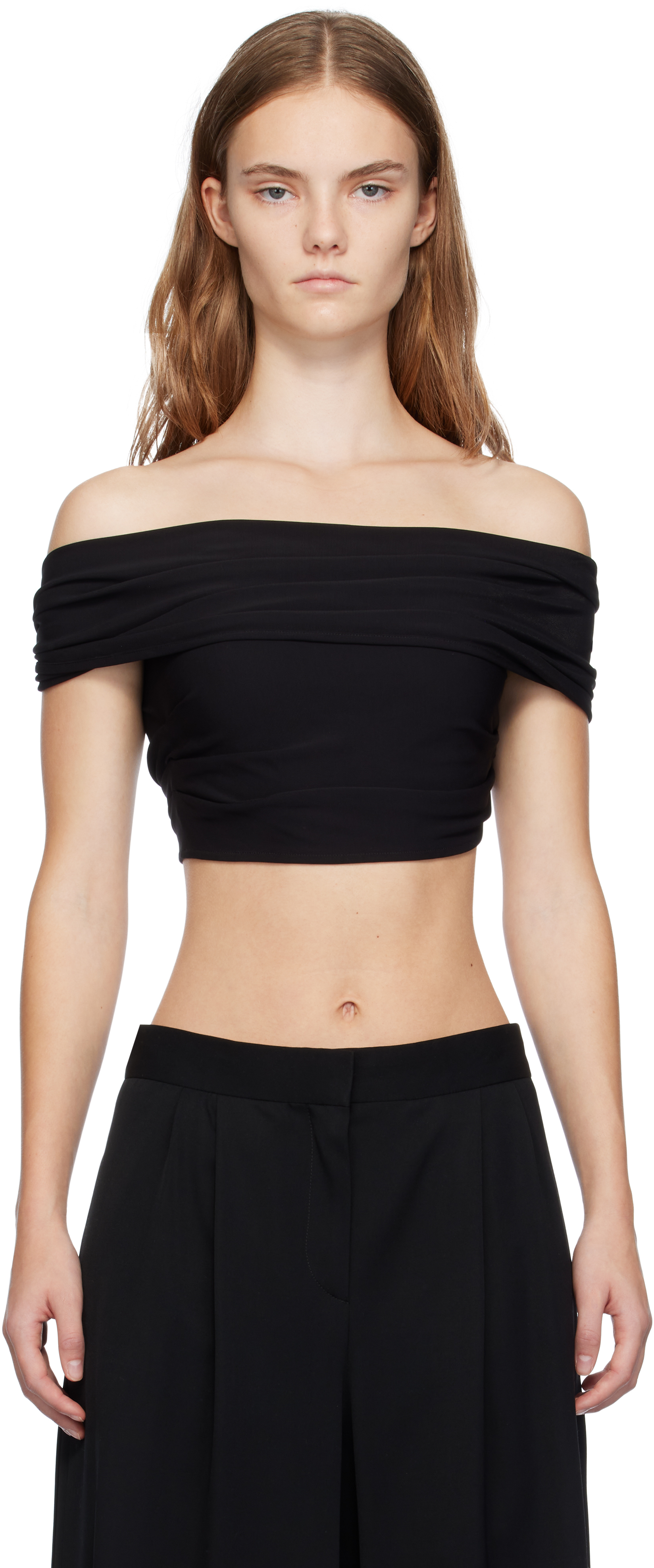 Black Crepe Draped Crop Top T-shirt