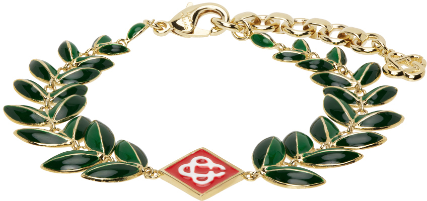 Shop Casablanca ゴールド Laurel Leaf ブレスレット In Gold / Green / Red