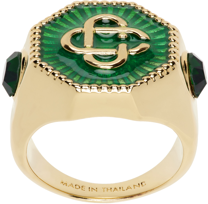 Shop Casablanca Gold & Green Monogram Ring In Gold/ Green