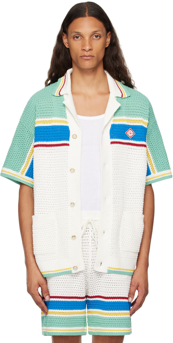 Shop Casablanca Multicolor Crochet Tennis Shirt In White / Blue Multi