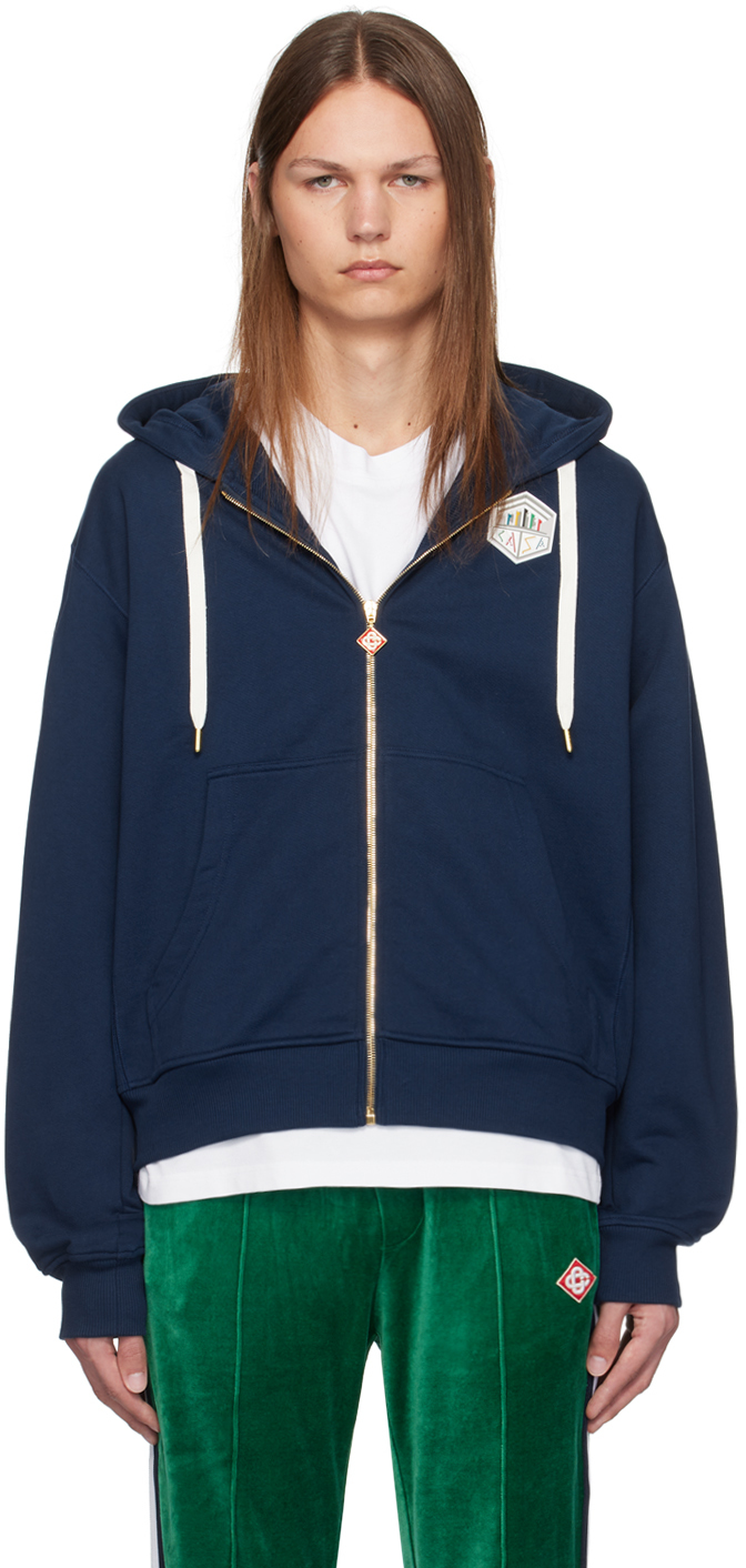 パーカー・フーディ Casablanca Navy Zip Sweatshirt With Embroidered Patches Navy Patch Logo Hoodie by Casablanca on Sale
