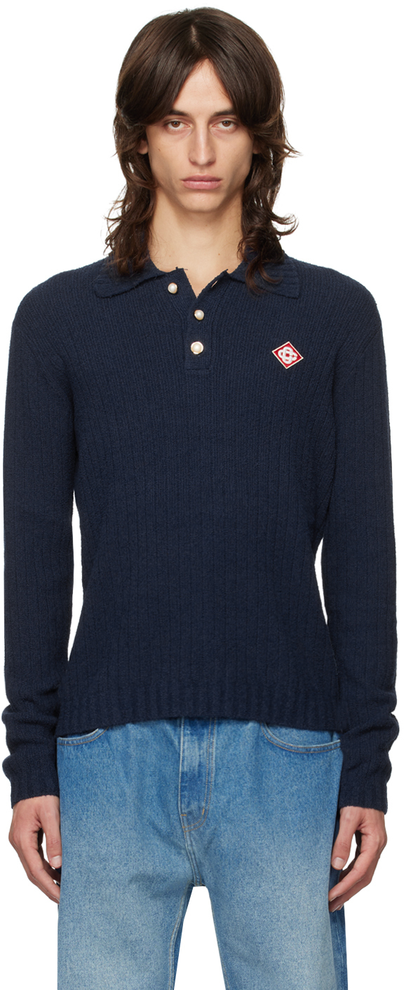 Shop Casablanca Blue Bouclé Polo In Navy