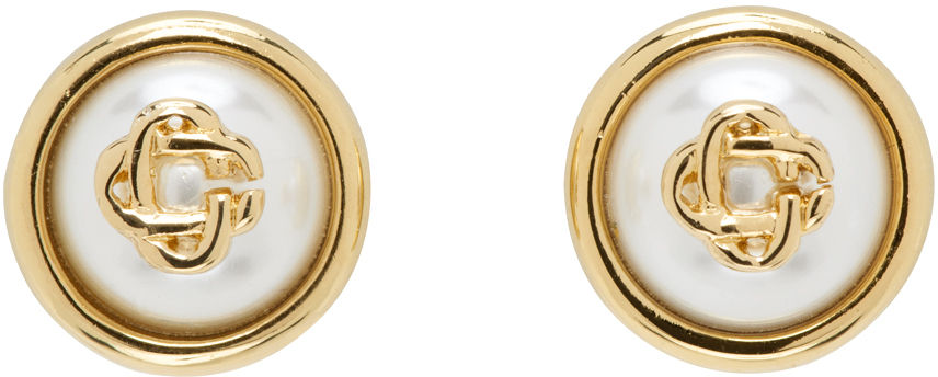 casablanca gold & white pearl logo stud earrings