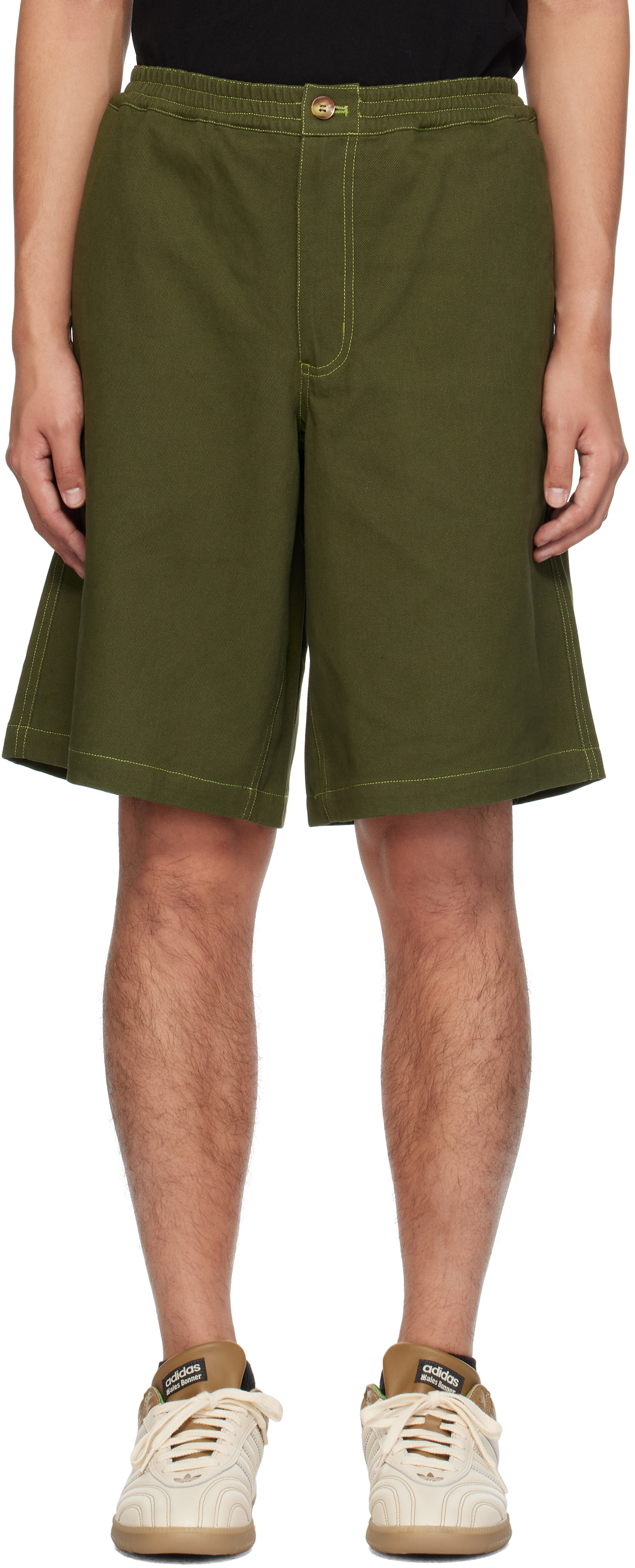 Metalwood Studio Green Zip-fly Denim Shorts In Fatigue Green