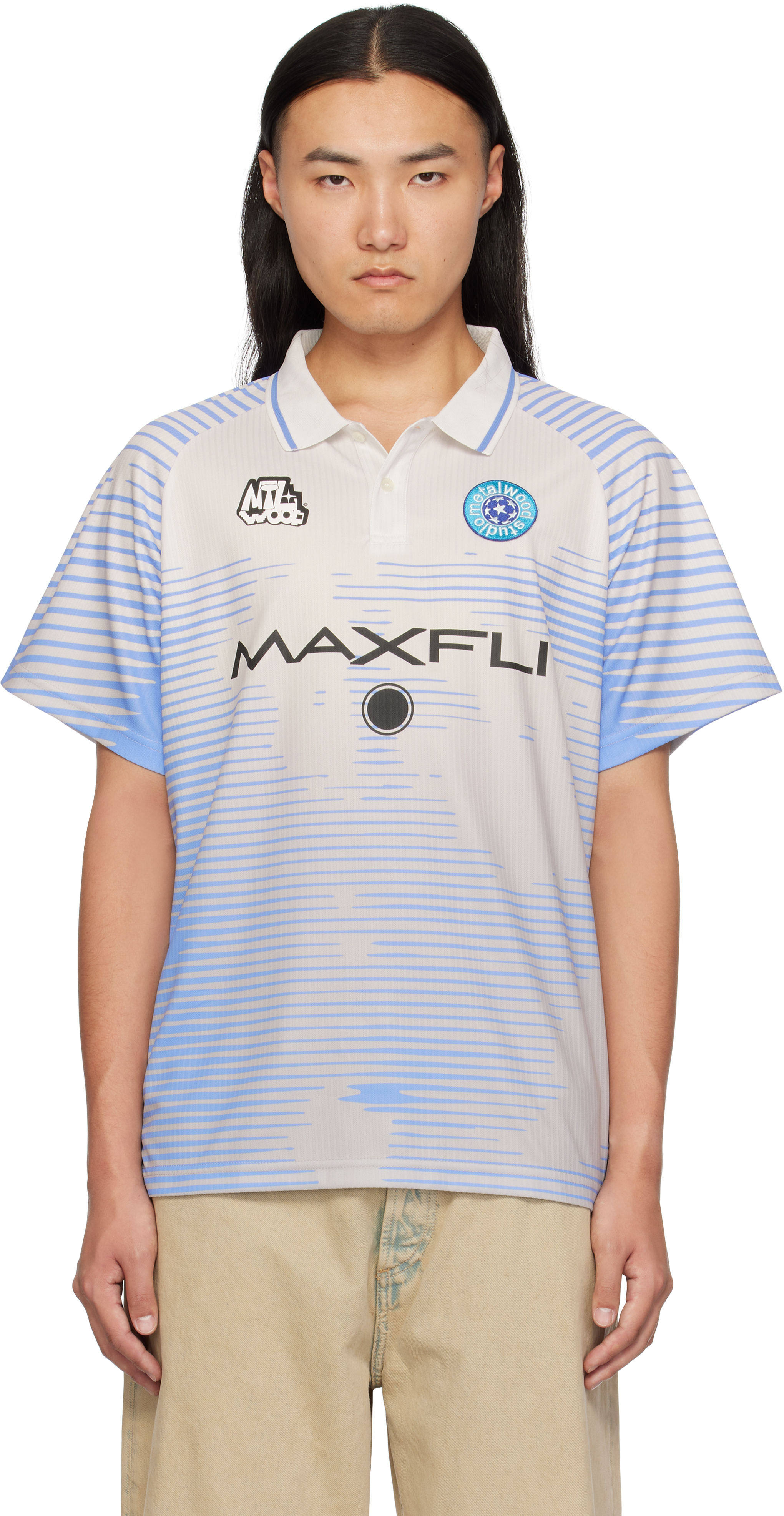 Metalwood Studio White & Blue Maxfli Statue Edition Printed Polo In Ice