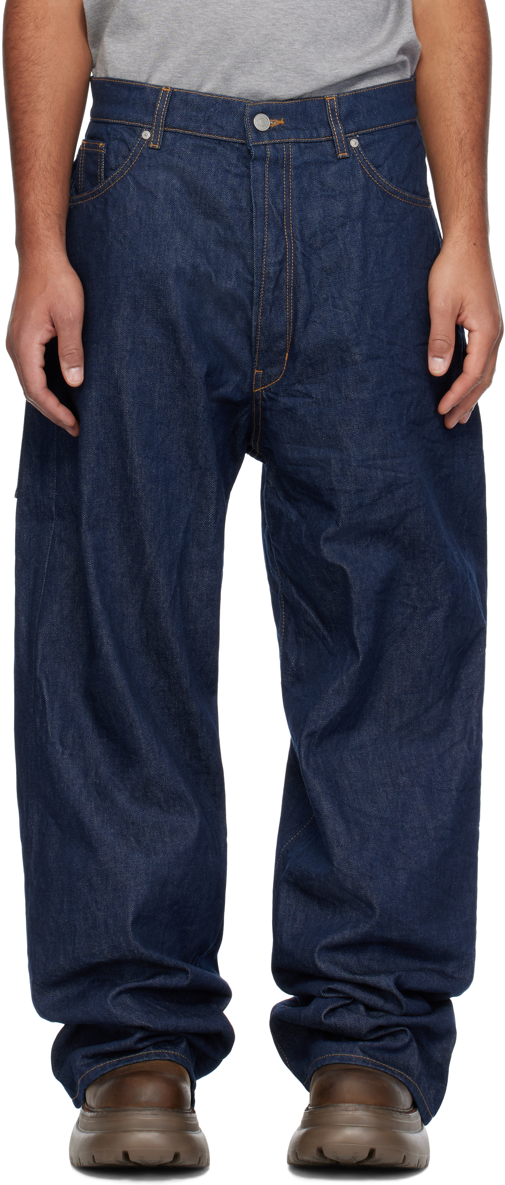 B1archive Navy Wide Leg Jeans In Raw Indigo Denim