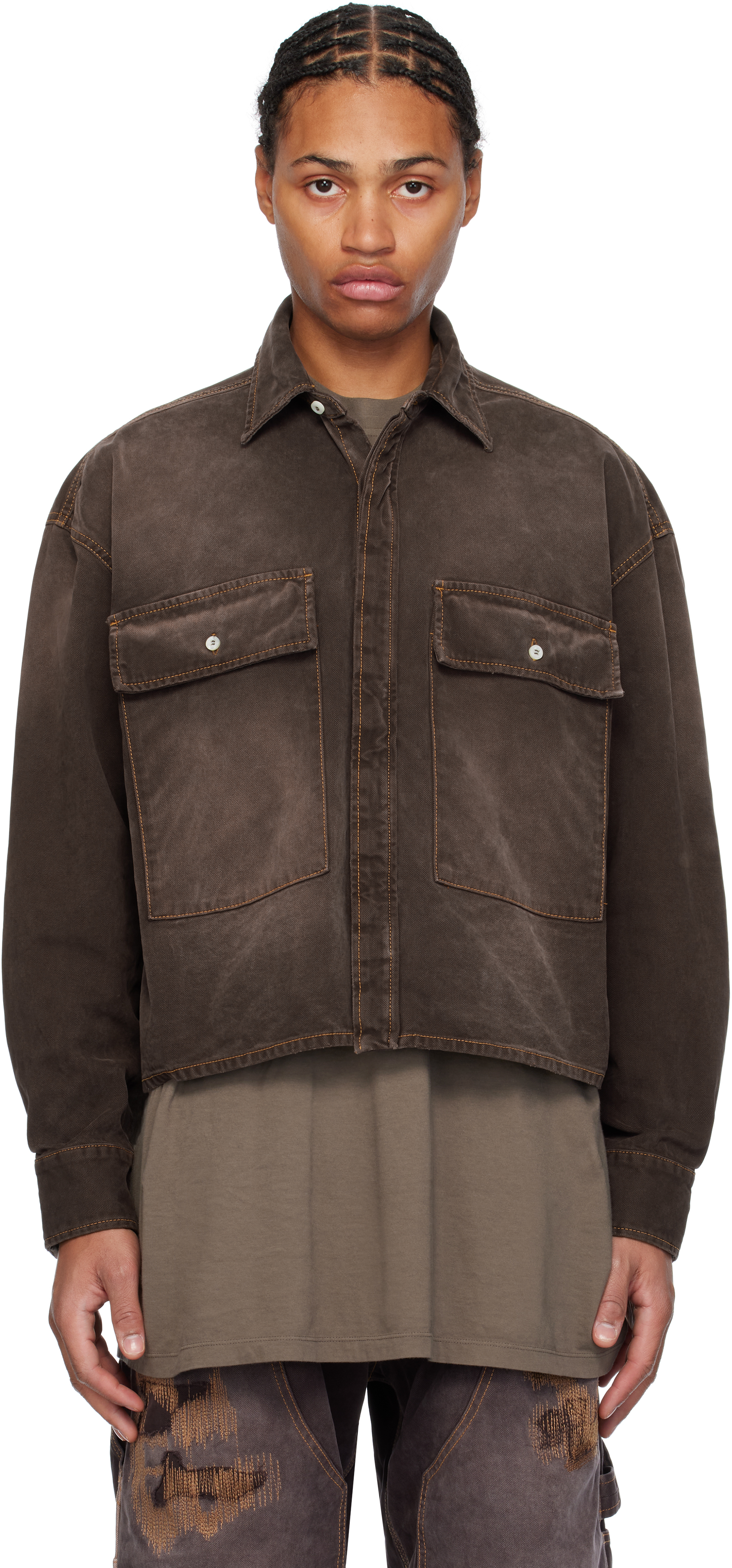 B1archive Brown Flap Pocket Denim Shirt In Canvas Sunfade Brown