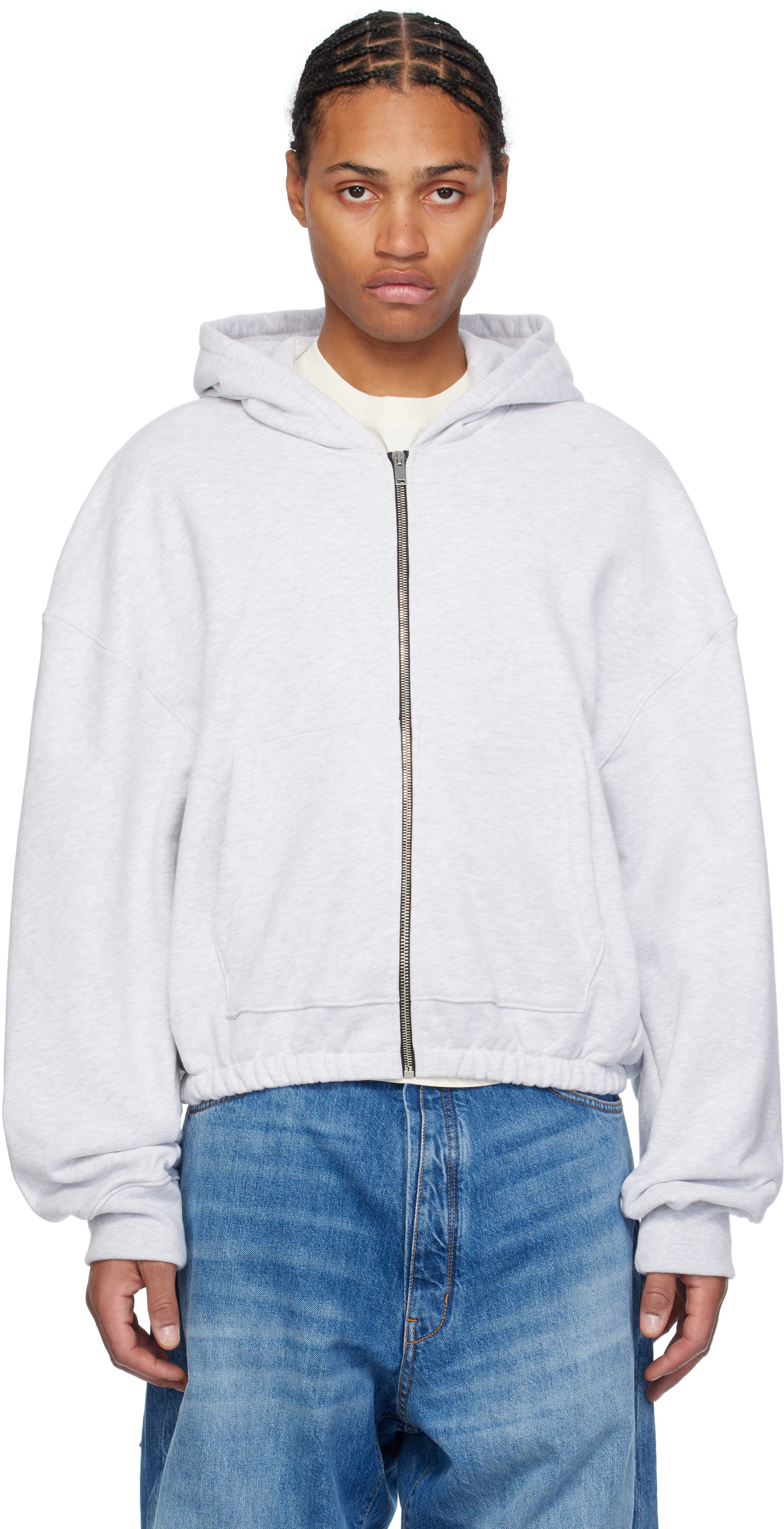 B1archive Gray Zip Up Elastic Waist Hoodie In Heavy Terry Heather