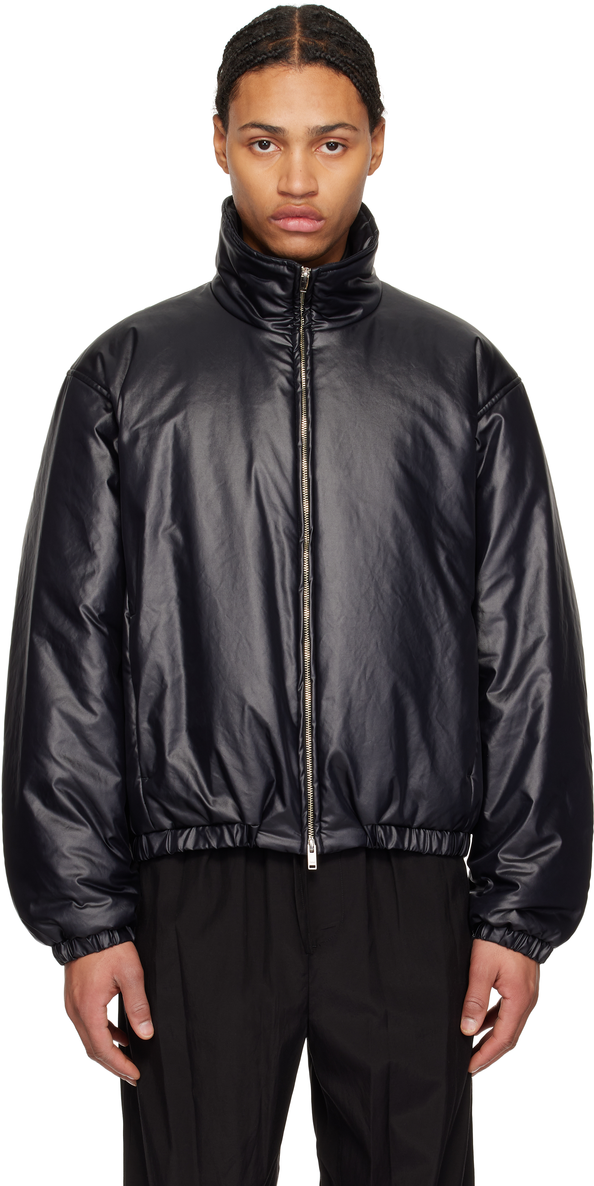 Black Leather-Like Puffer Jacket