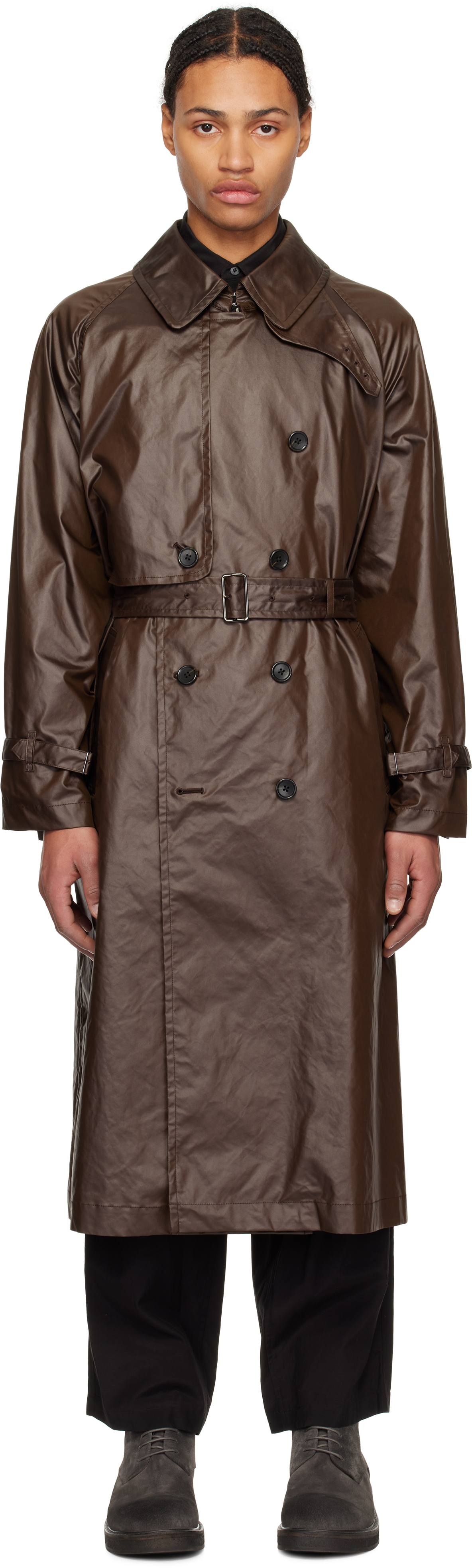 Brown Leather-Like Trench Coat