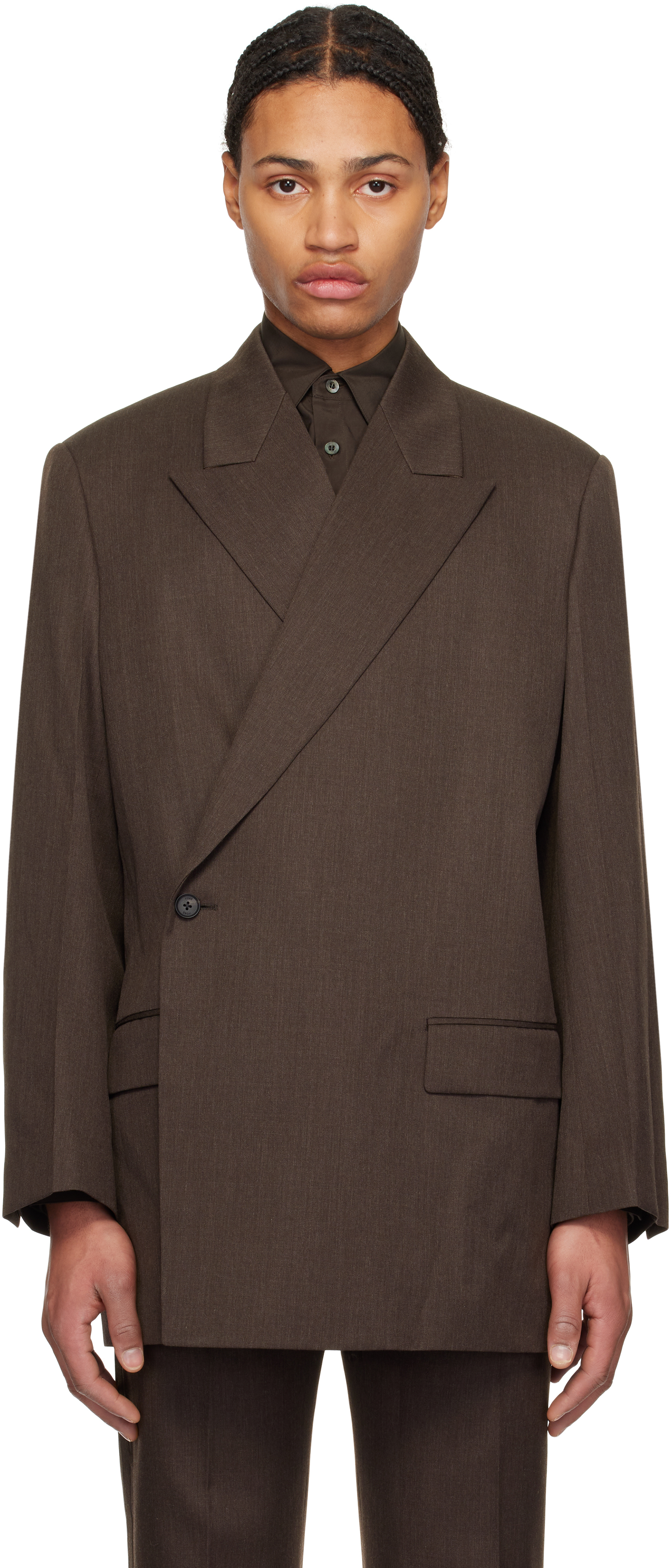 Brown Wool Gabardine Double-Breasted Blazer