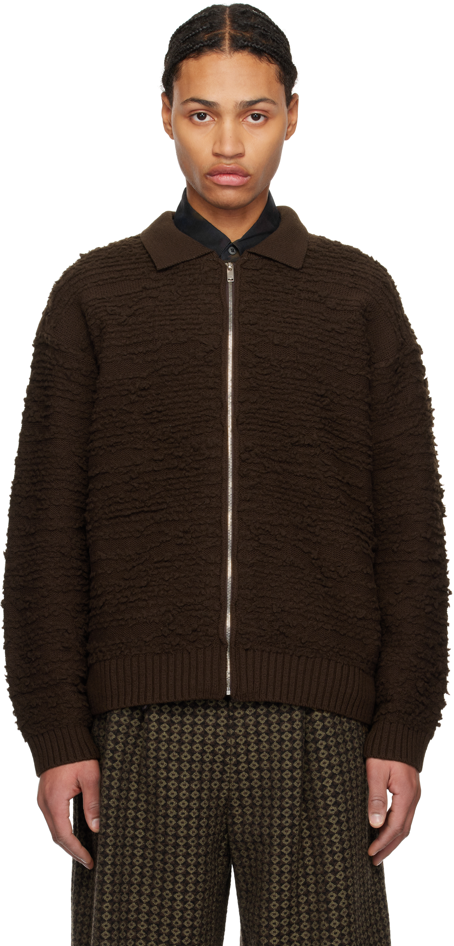 Brown Random Jacquard Front Zip Cardigan