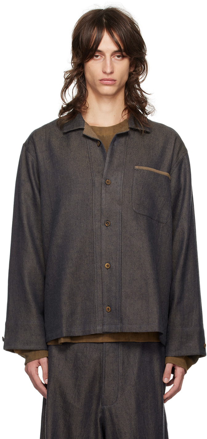 Shop Aviva Jifei Xue Blue Boxy Denim Shirt In Wool Linen Denim