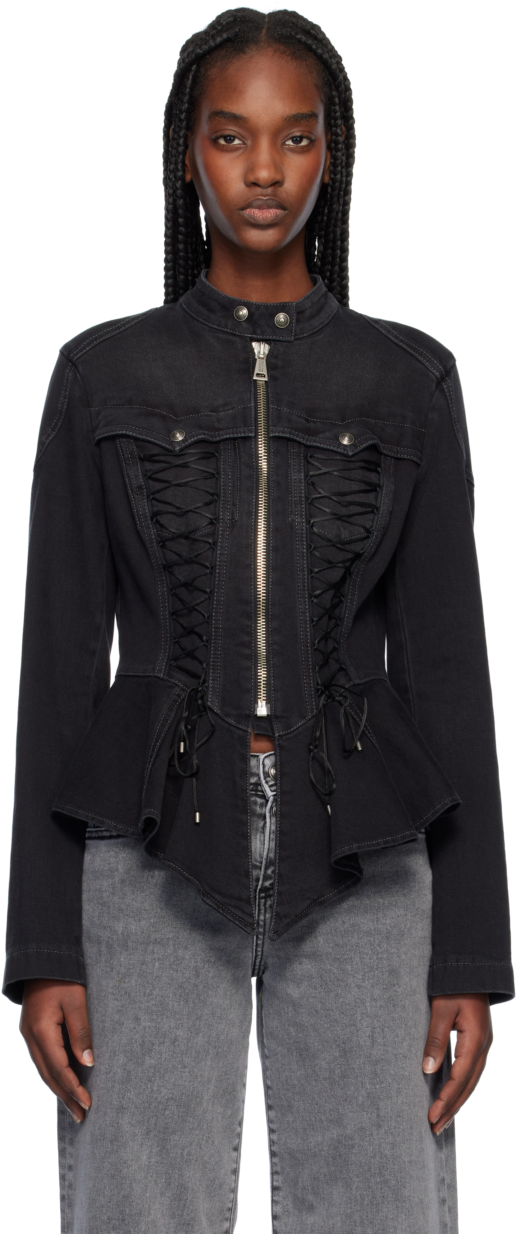 Black Lace-Up Denim Jacket