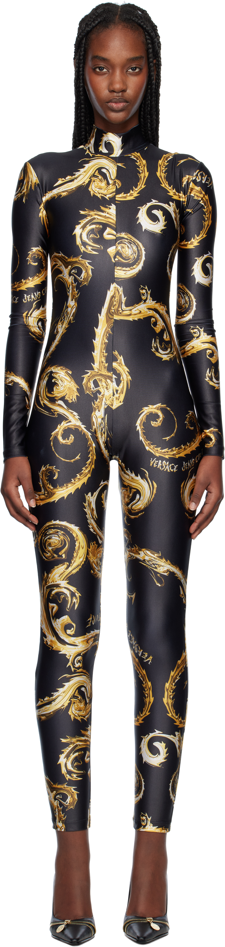 Black & Gold Chromo Couture Catsuit by Versace Jeans Couture