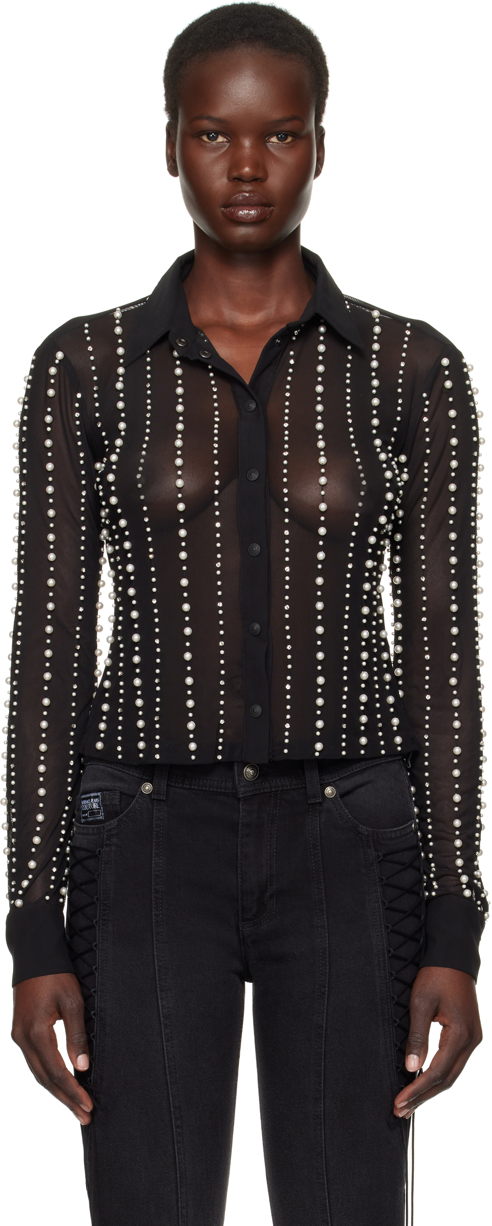 Black Embellished Shirt by Versace Jeans Couture on Sale
