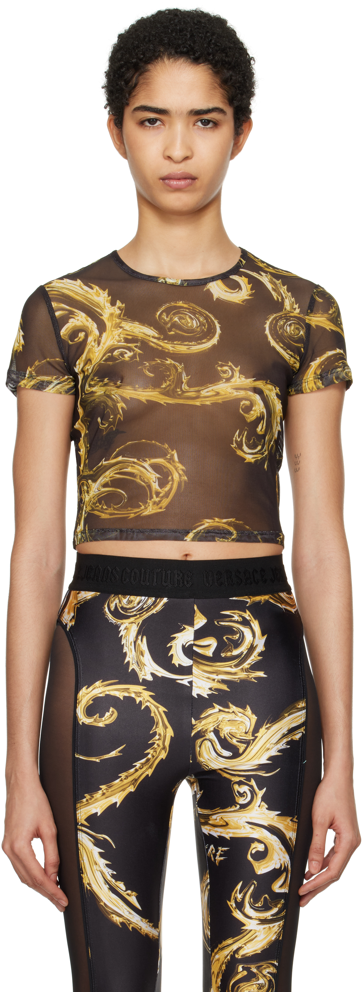 Black Chromo Couture Mesh Crop T-shirt by Versace Jeans