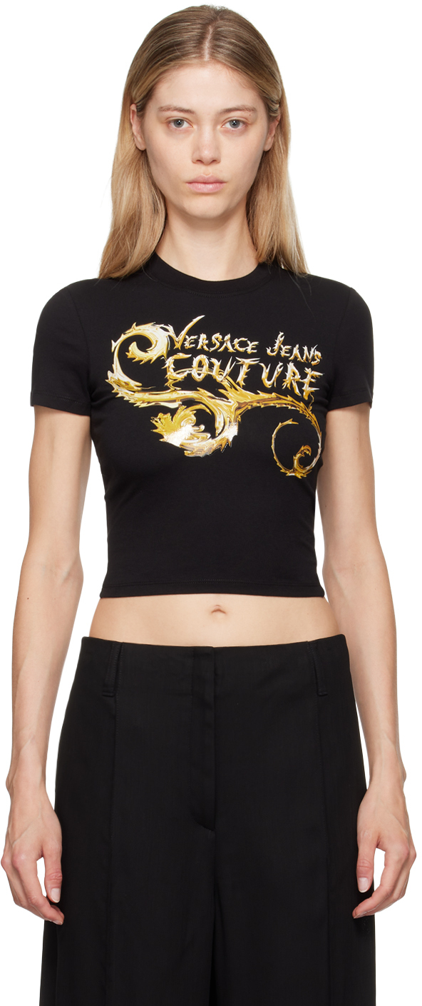 VERSACE JEANS COUTURE ロゴ Ｔシャツ ブラック CHROMO Black & Gold Chromo Couture Logo T-Shirt by Versace Jeans