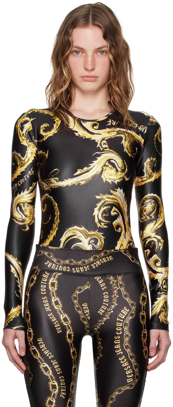 Black & Gold Chromo Couture Bodysuit by Versace Jeans