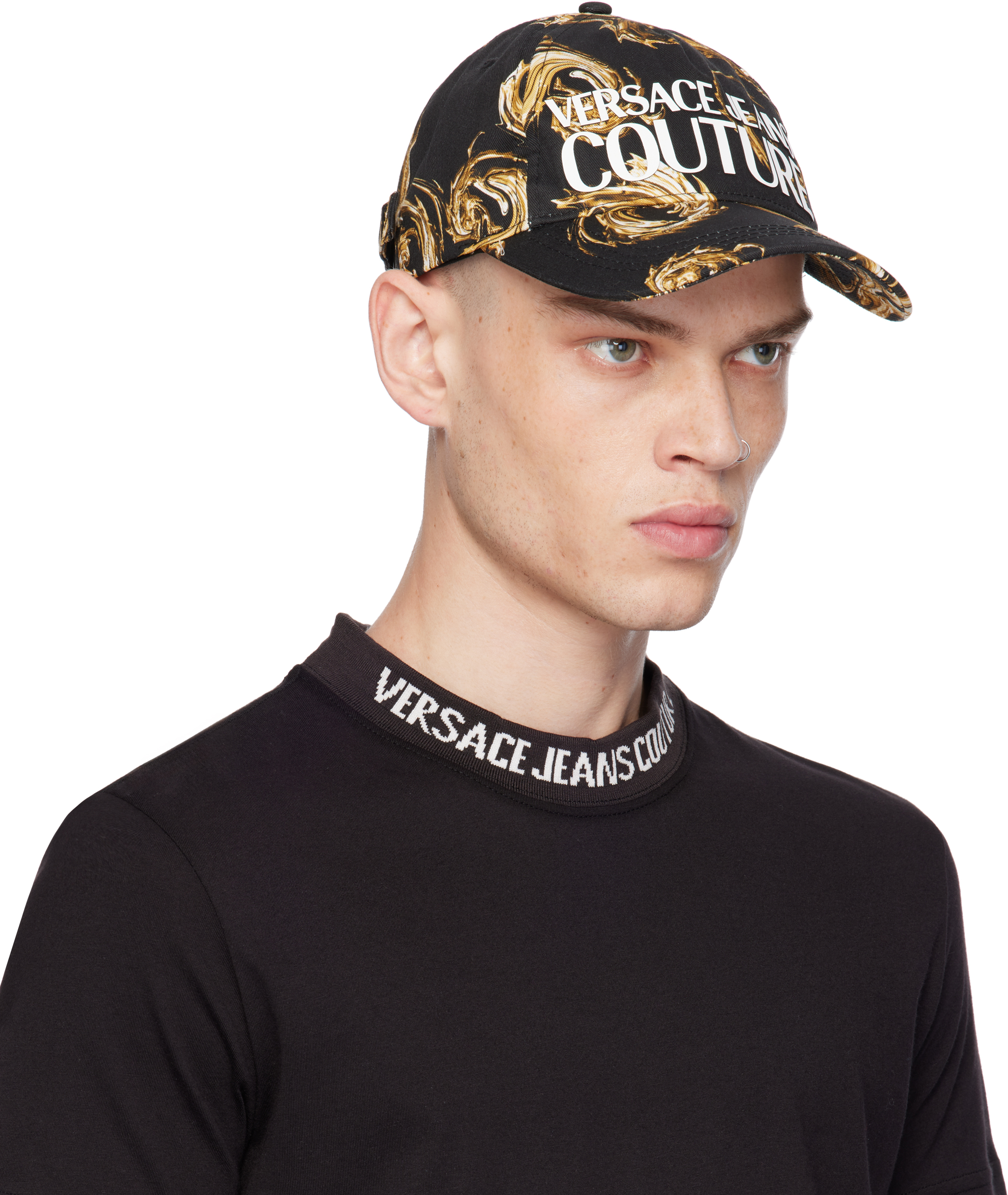 VERSACE JEANS COUTURE BLACK CHROMO COUTURE LOGO BASEBALL CAP