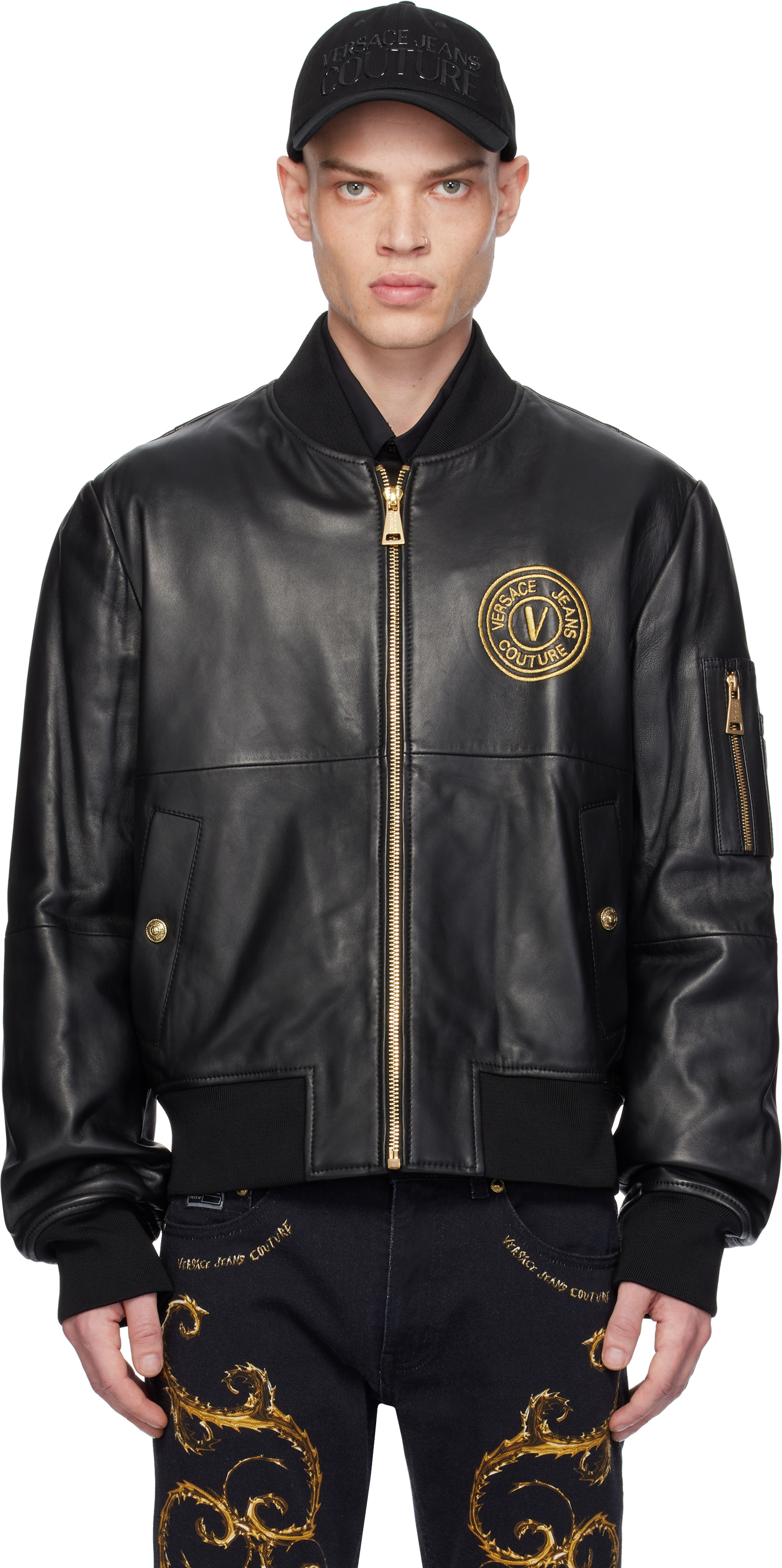 Black V Emblem Leather Jacket