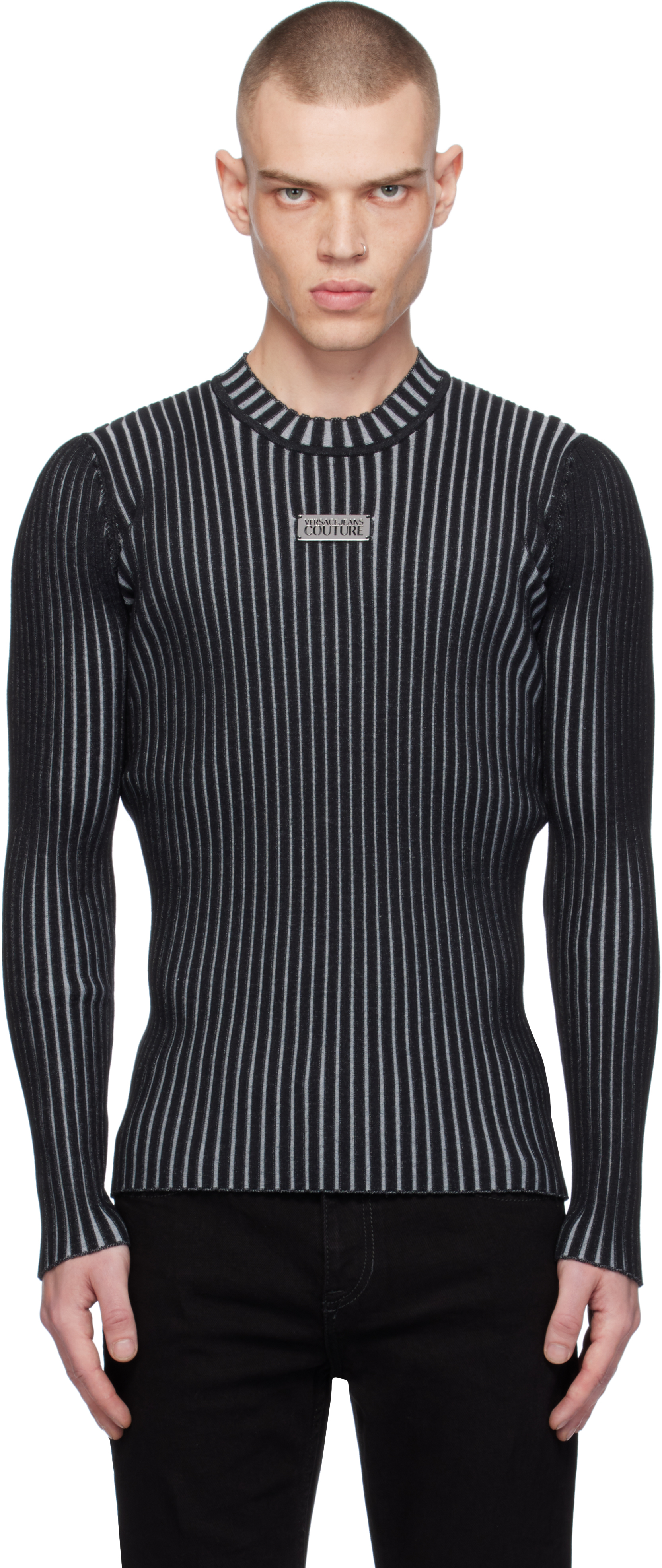 Black Logo Slim-Fit Ribbed Sweater