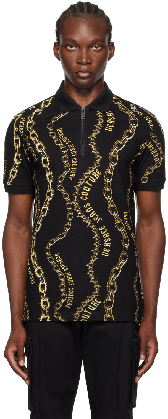 Shop Versace Jeans Couture Black & Gold Chain Couture Polo In Eg89-black/gold