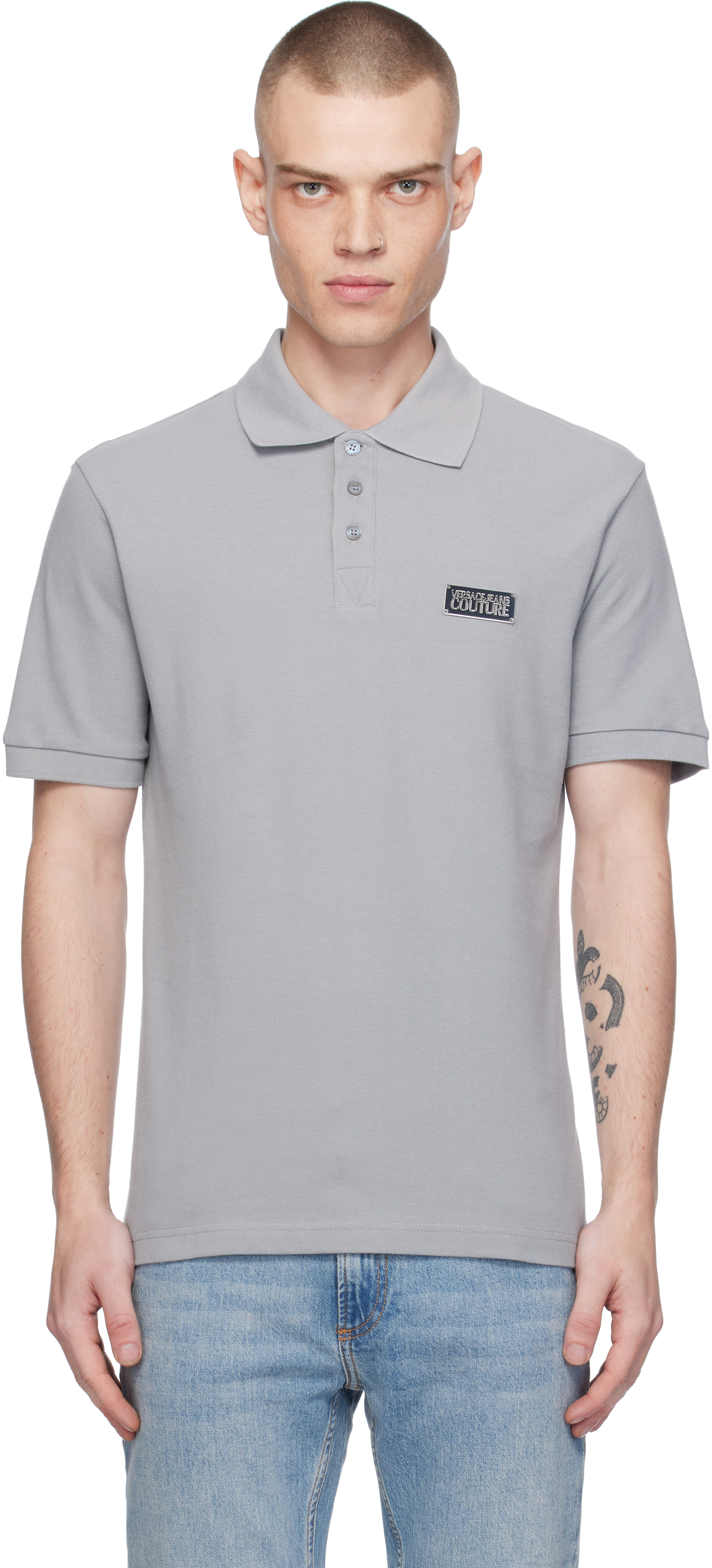 Versace Jeans Couture Gray Logo Slim-fit Polo In E816-ice Grey