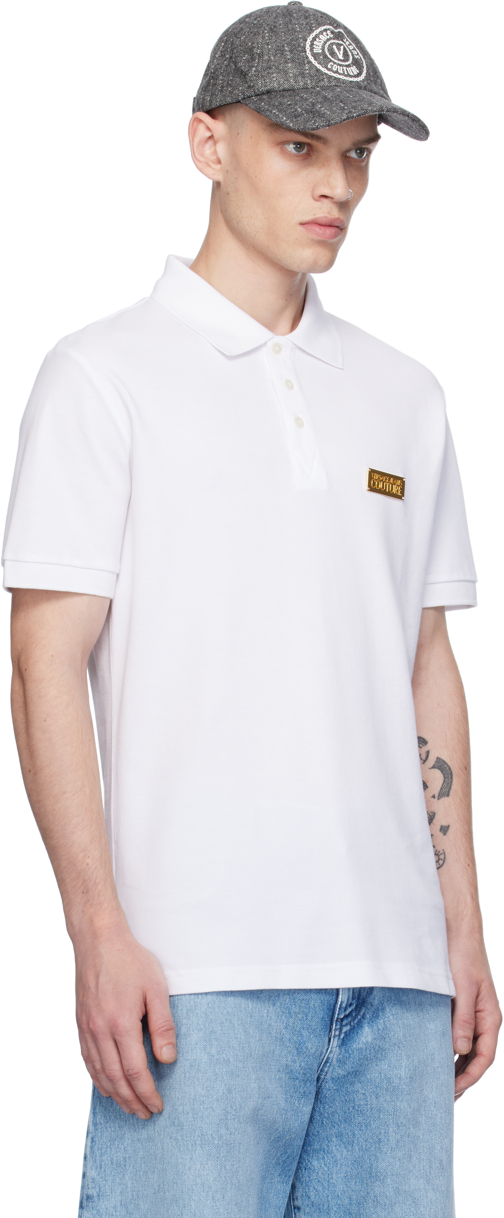 VERSACE JEANS COUTURE WHITE LOGO SLIM-FIT POLO 