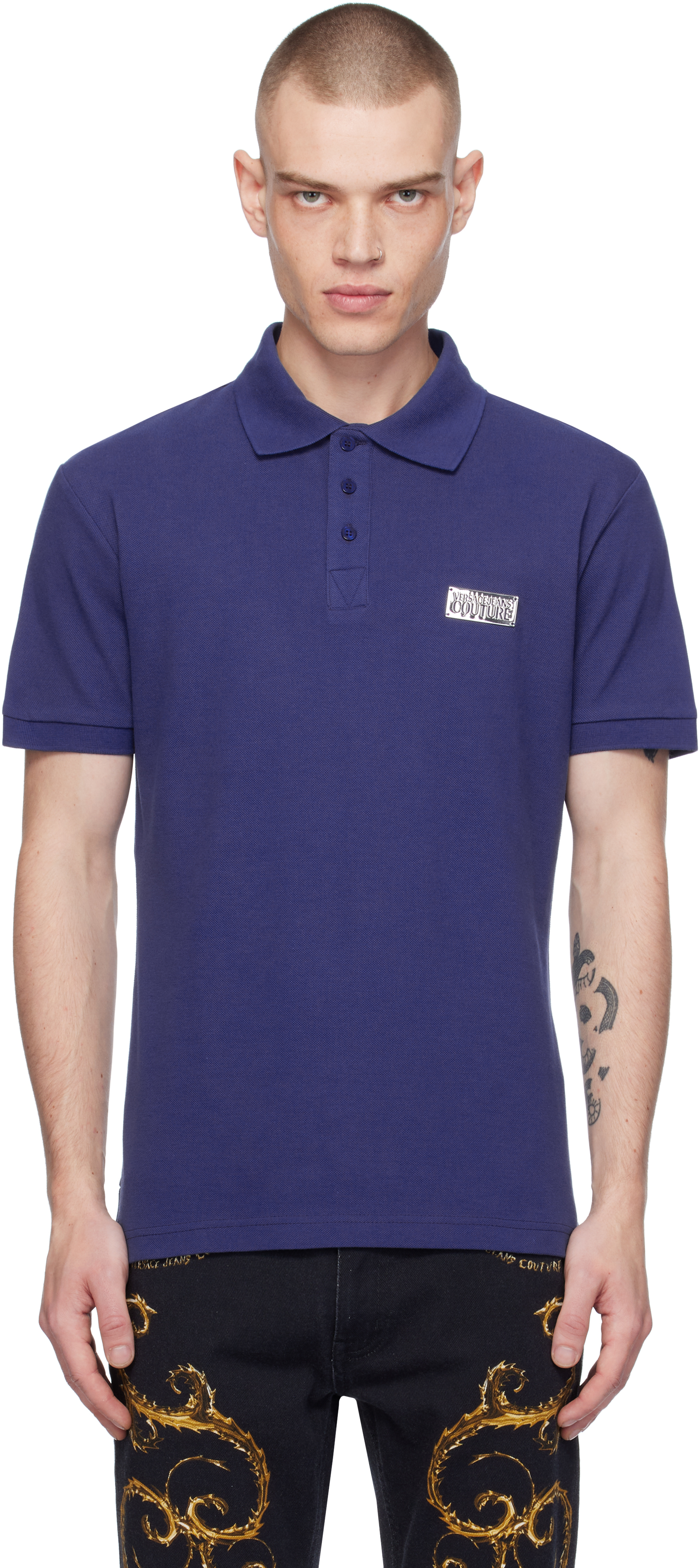 Versace Jeans Couture Blue Logo Slim-fit Polo In E238-steel Blue