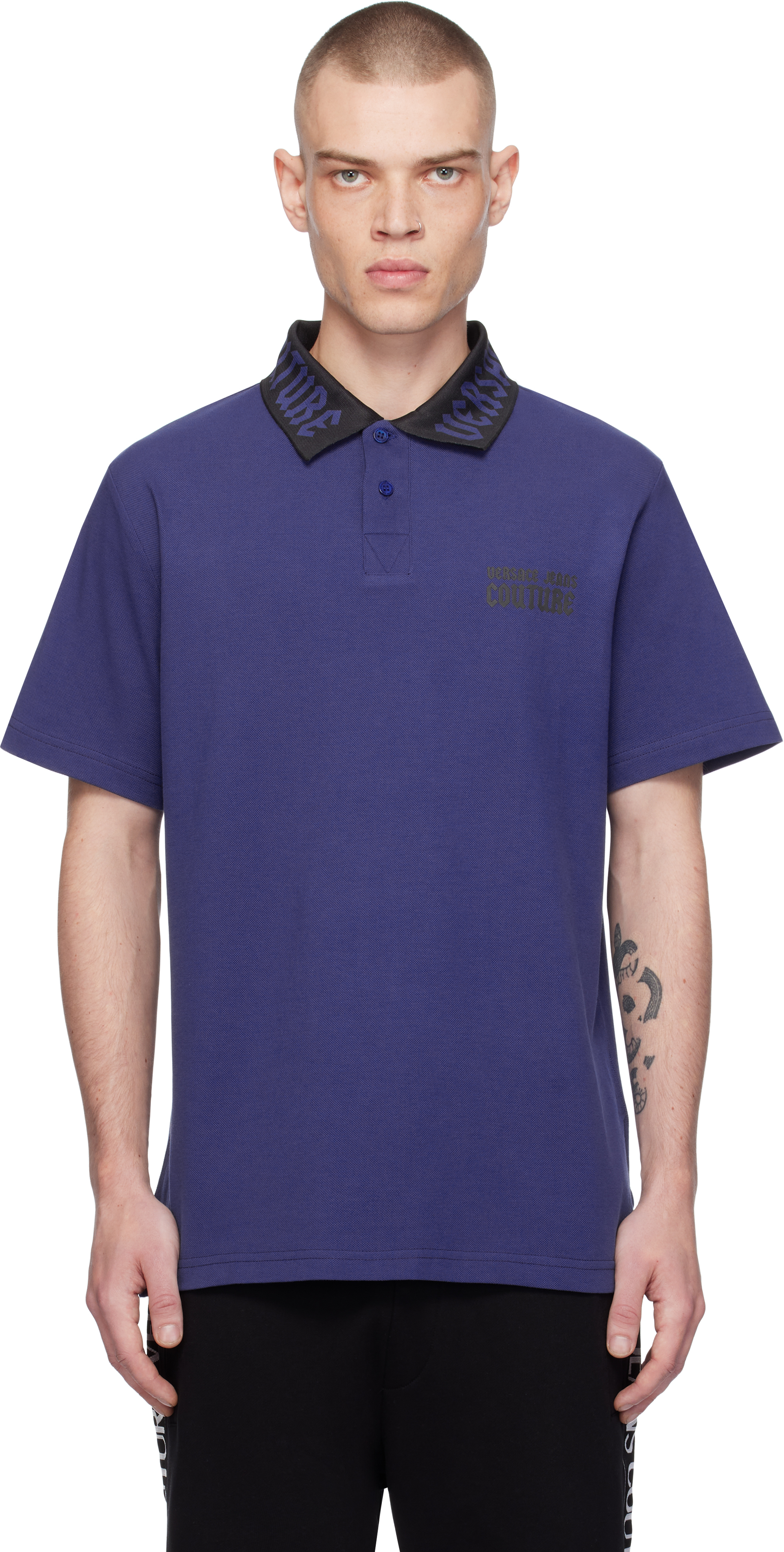 Versace Jeans Couture Blue Gothic Logo Polo In E238-steel Blue