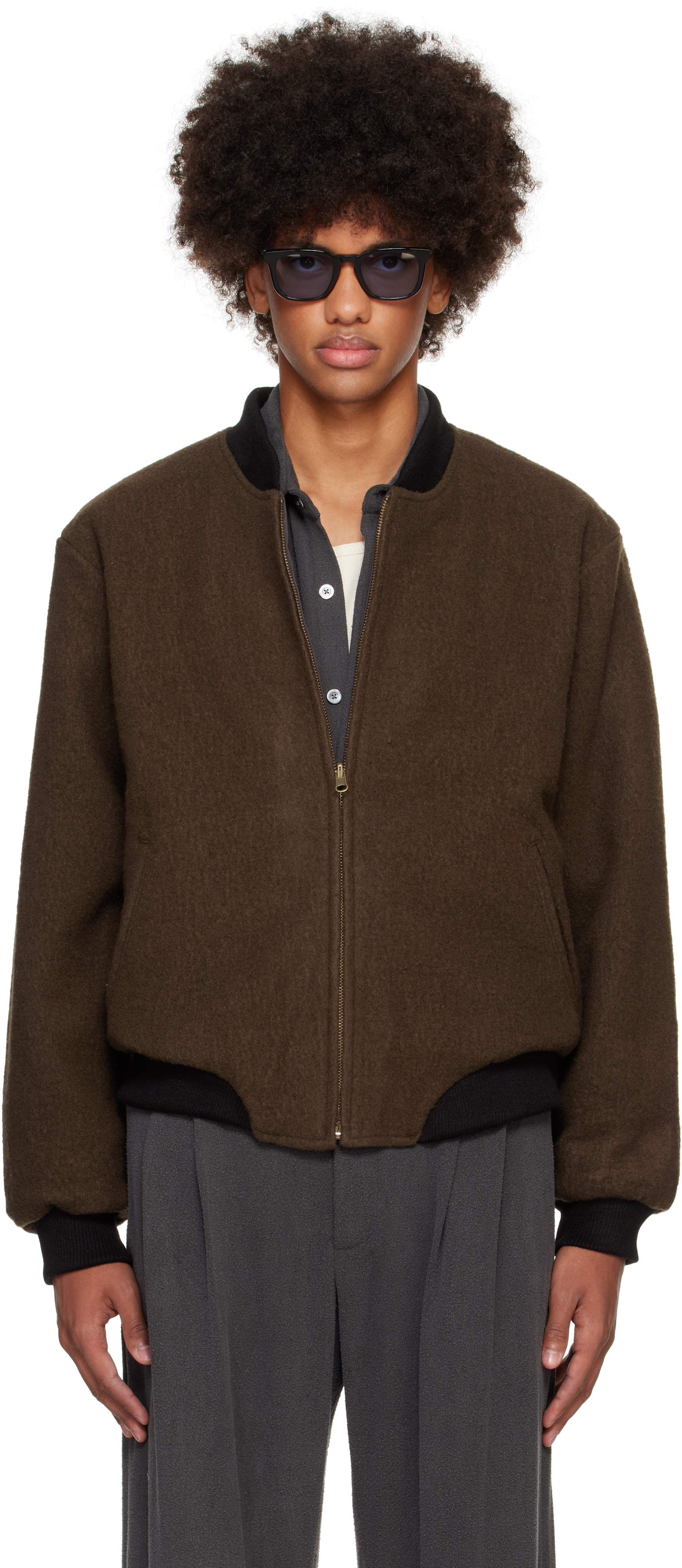 Brown Wool Fleece Reversible Bomber Jacket