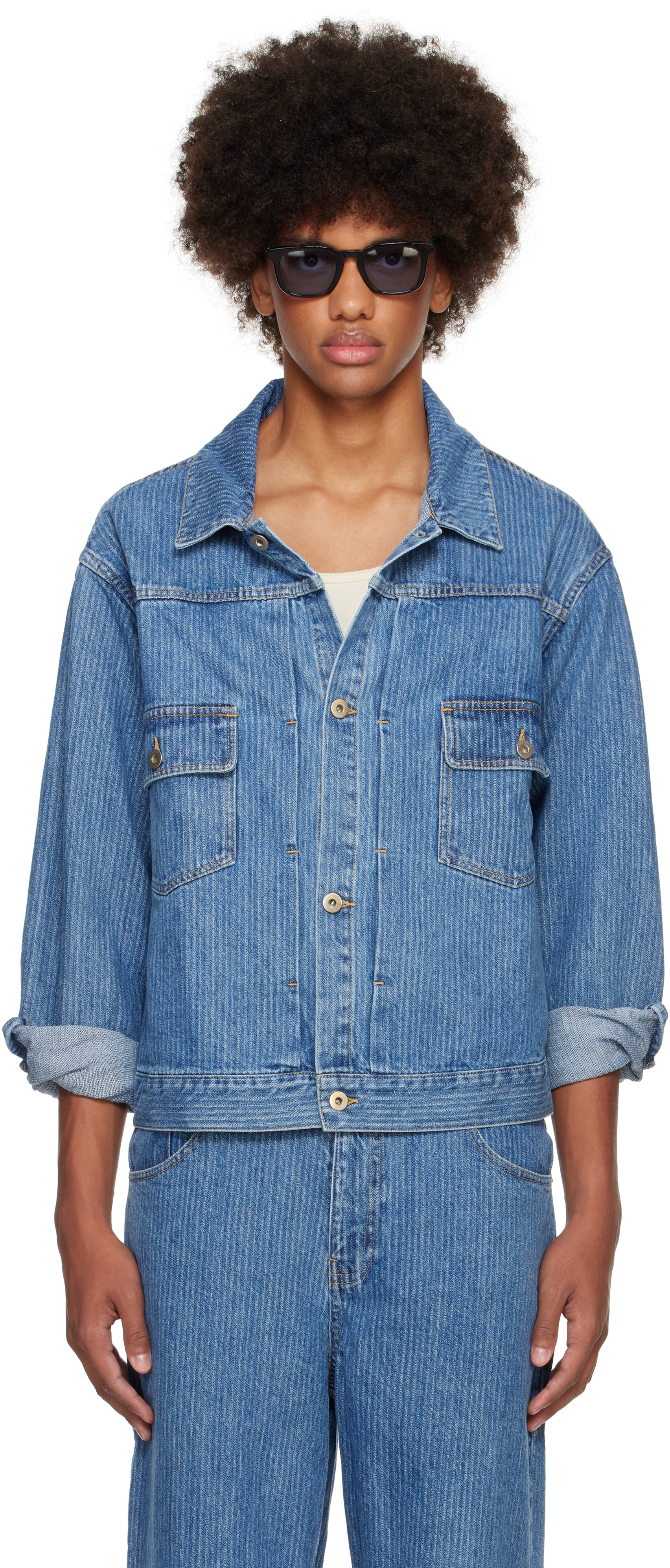 Shop Small Talk Studio Blue Jacquard Stripe Denim Trucker Jacket In Washed Indigo