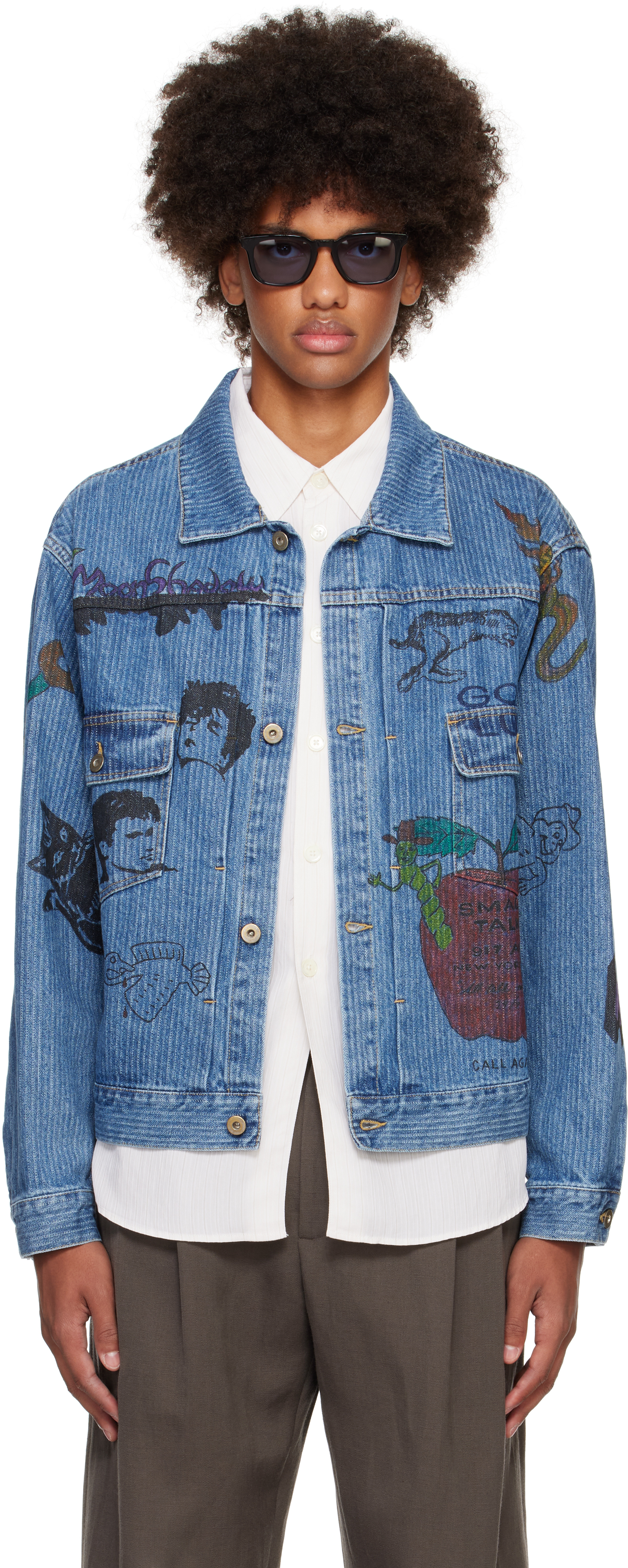 Shop Small Talk Studio Ssense Exclusive Blue Hand-drawn Jacquard Stripe Denim Trucker Jacket In Washed Indigo