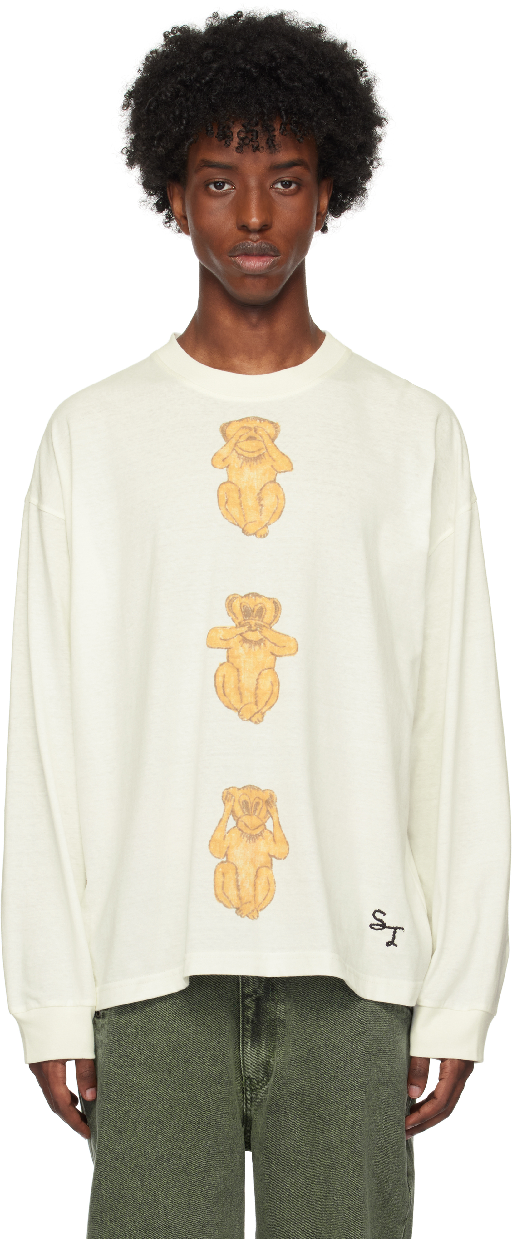 SMALL TALK STUDIO SSENSE EXCLUSIVE WHITE HAND-DRAWN MONKEYS GRAPHIC T-SHIRT 