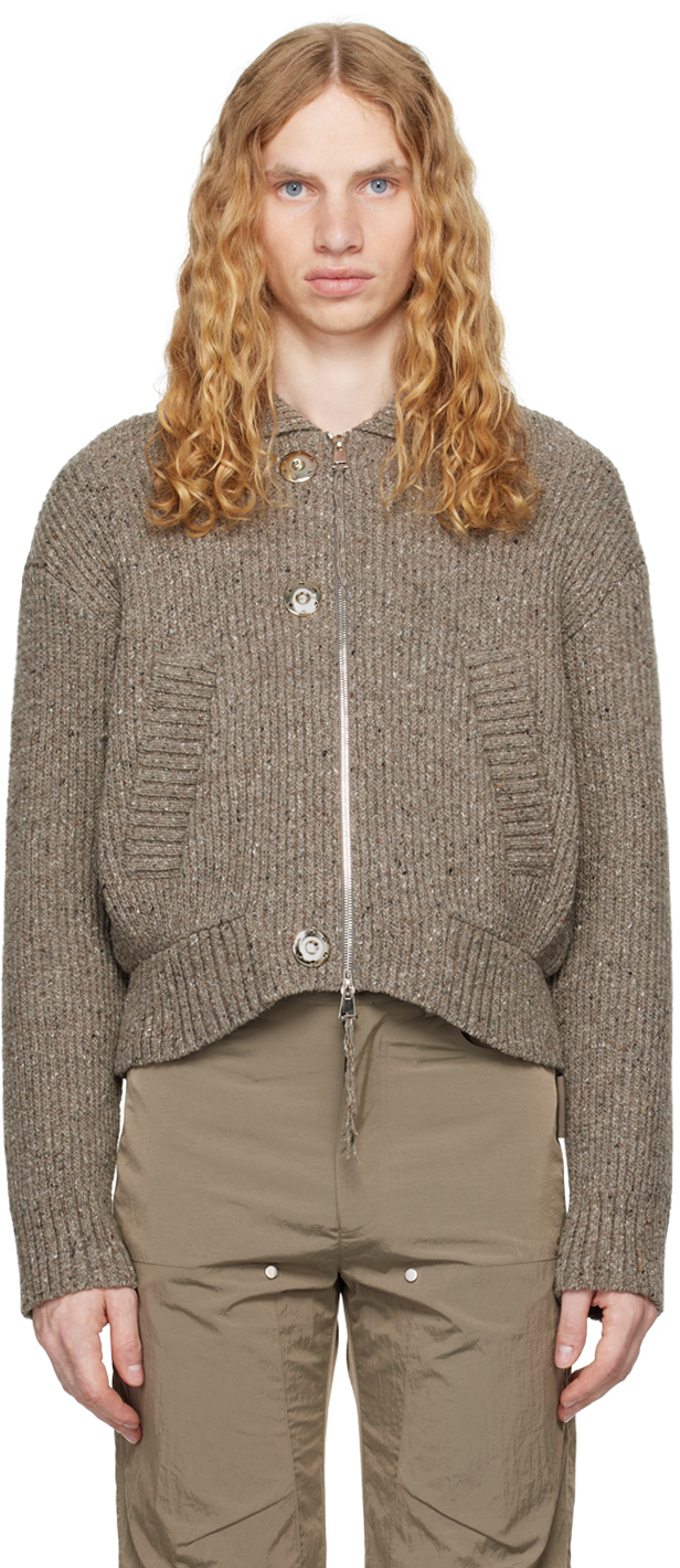 Shop Ouat Brown Meta Zip Knit Jacket In Beige