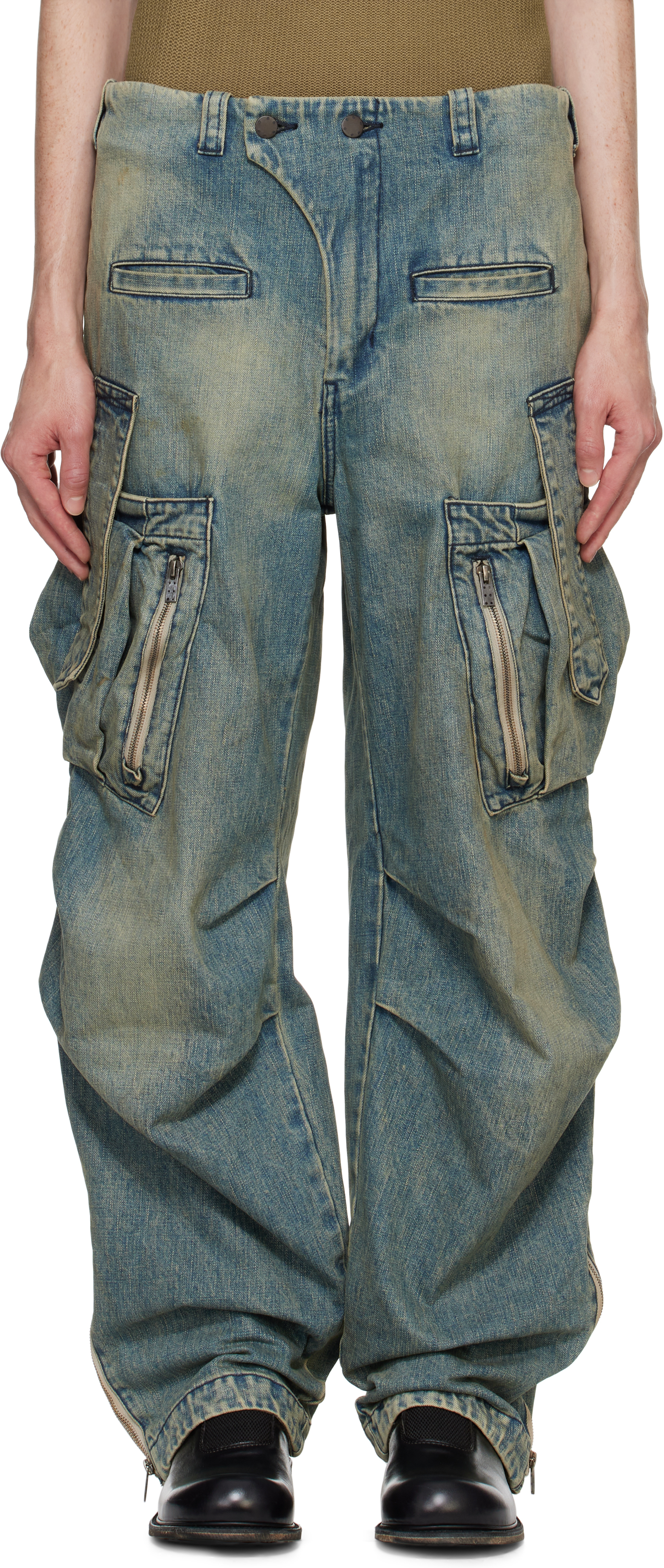 Shop Devoa Blue Denim Cargo Pants In Indigo