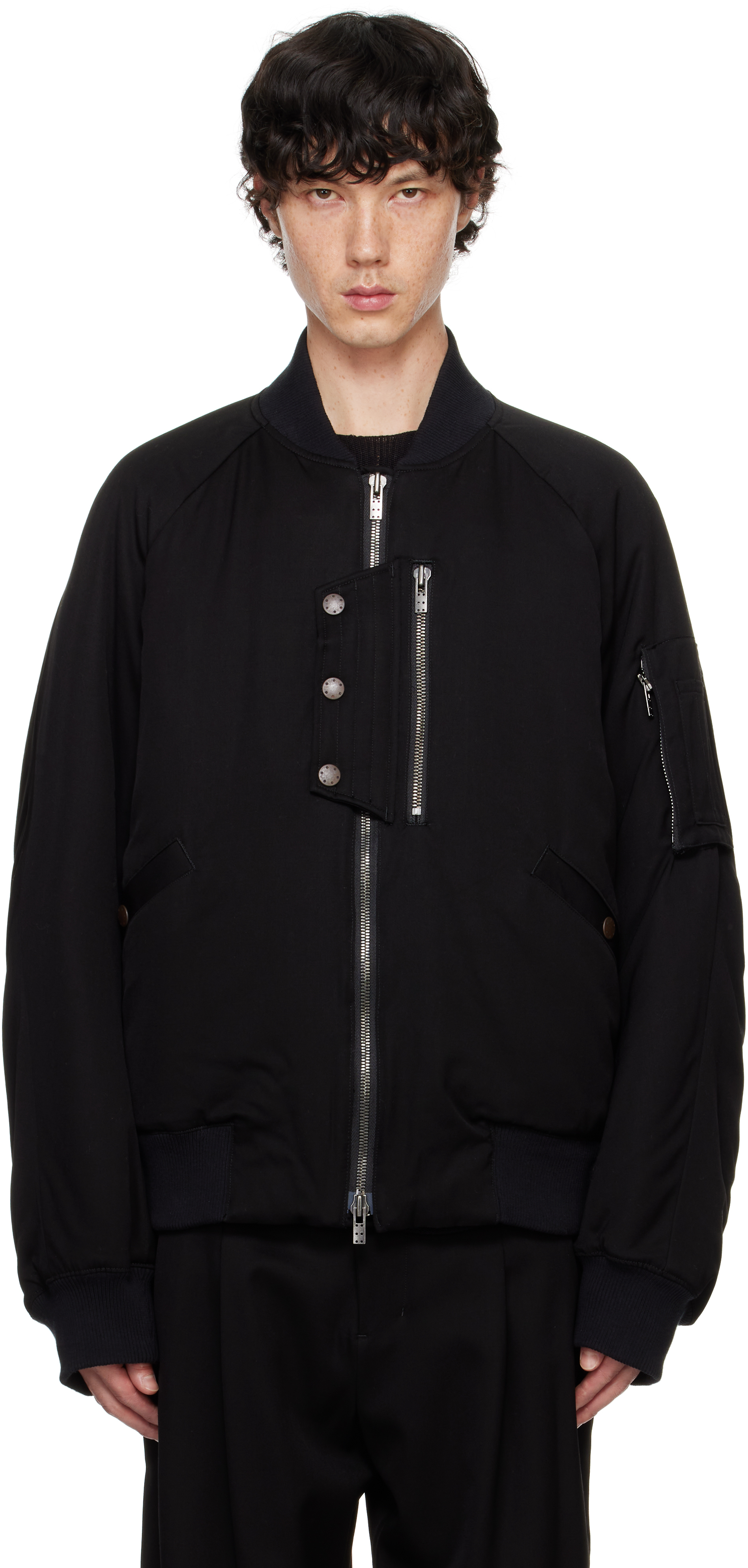 Shop Devoa Black Wool Bomber Jacket